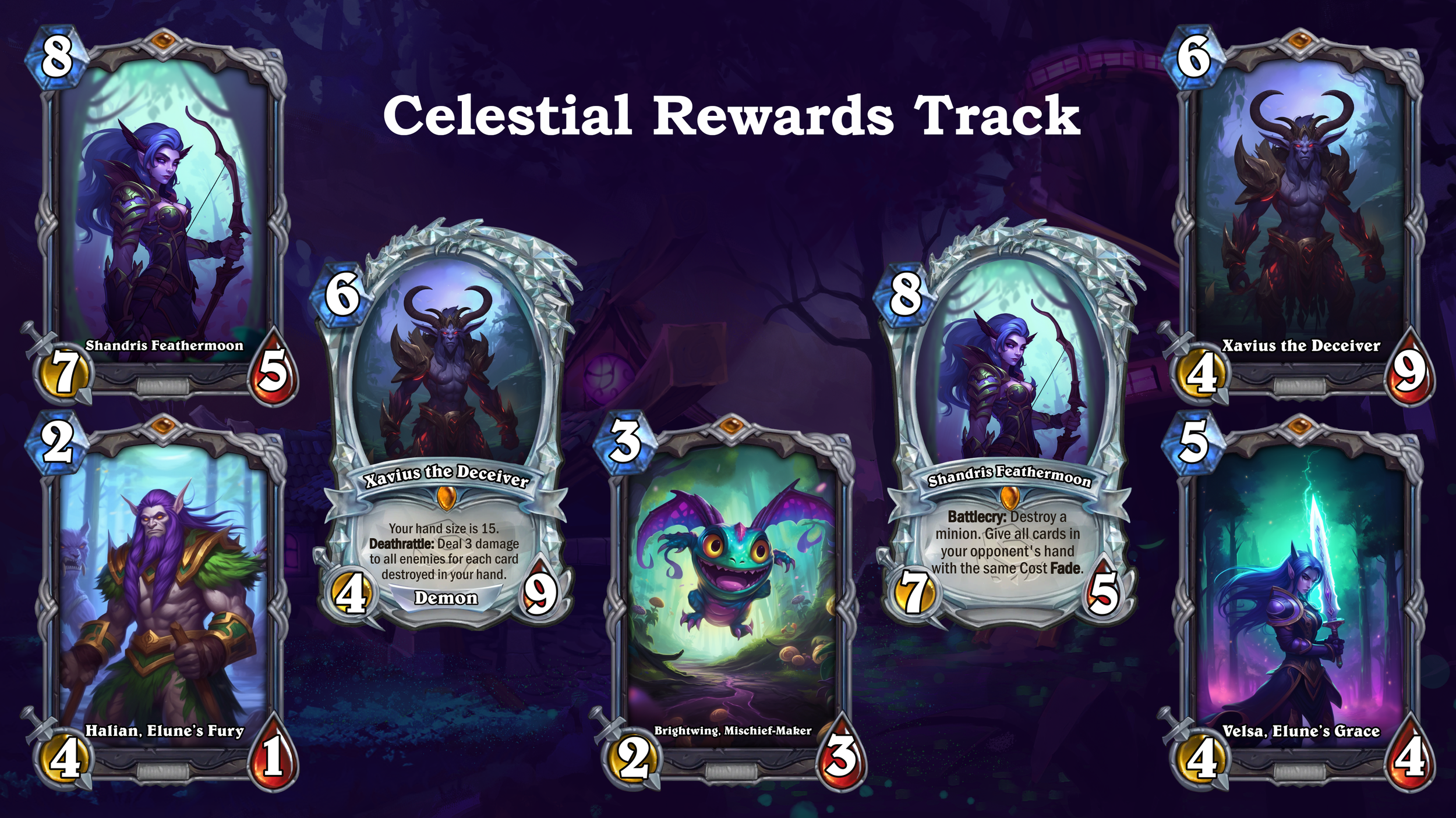 A digital card game interface titled 'Celestial Rewards Track' showing multiple fantasy-themed cards with characters and descriptions.