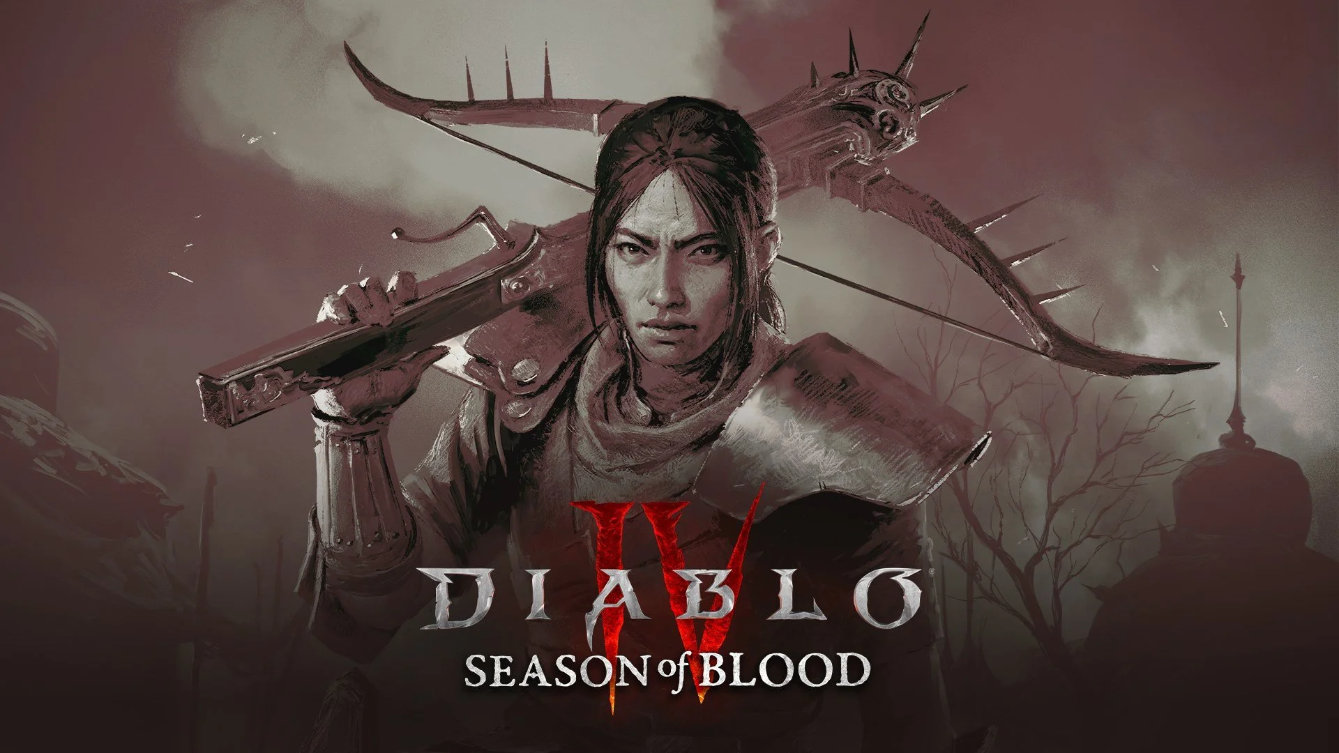 A dark, artistic illustration from the game Diablo IV, featuring a fierce woman with dark hair, holding a weapon on her shoulder, against a gloomy background with barren trees and ominous structures. The game's title and season information are displayed below.