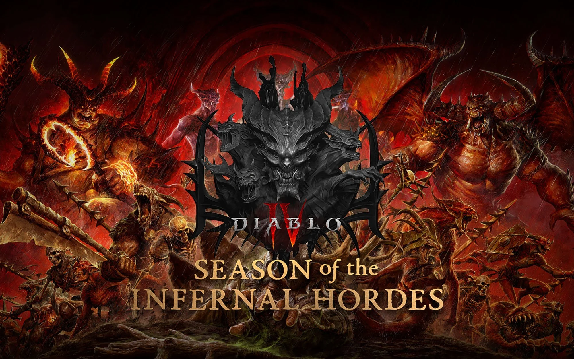 Dark fantasy art featuring a central black three-headed dragon, demonic armored figures on either side, surrounded by infernal creatures and fiery background, with the text 'Season of the Infernal Hordes.'