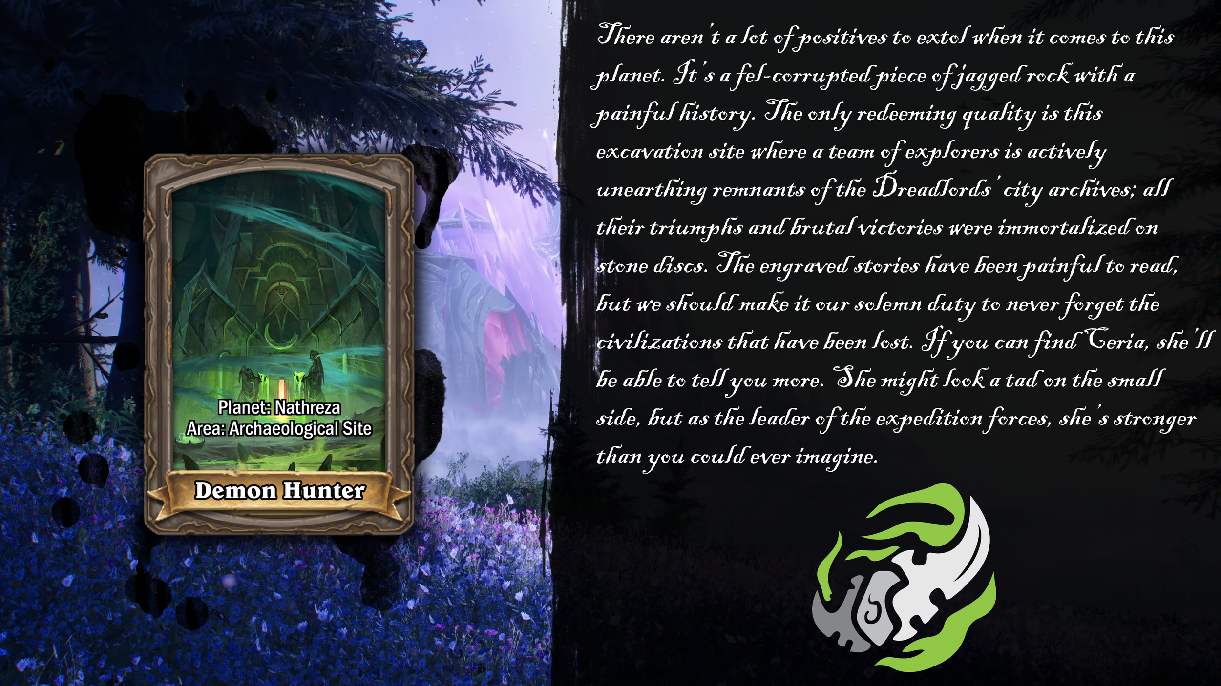 A fantasy-themed card titled 'Demon Hunter' with a glowing green illustration of a character in a dark, mystical forest setting. To the right, a paragraph of text describes a planet called Nathreza and its archaeological site, with the commentary on 