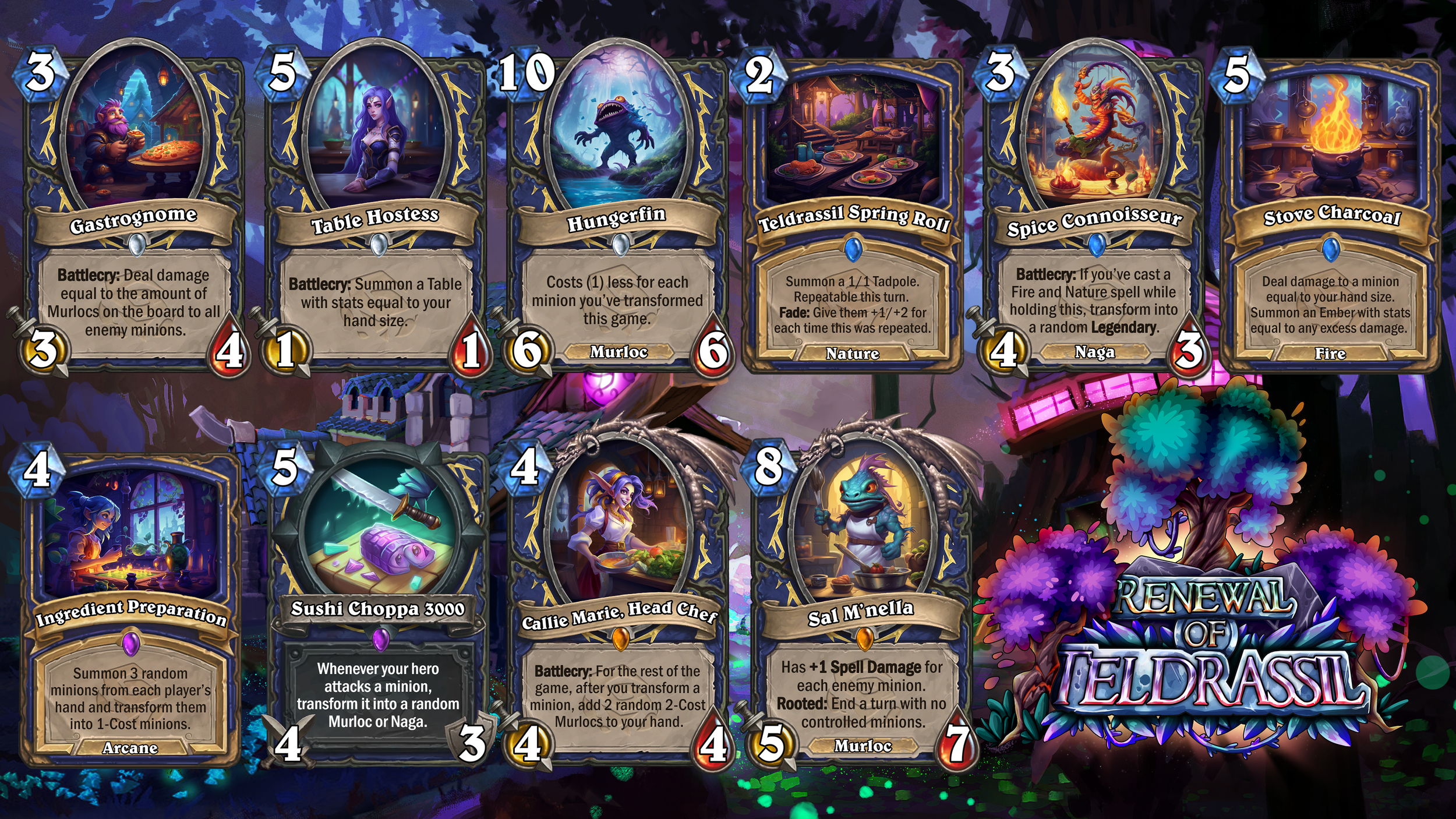 Screenshot of a digital card game displaying a row of colorful fantasy game cards with various characters and effects, set against a vibrant, animated background.