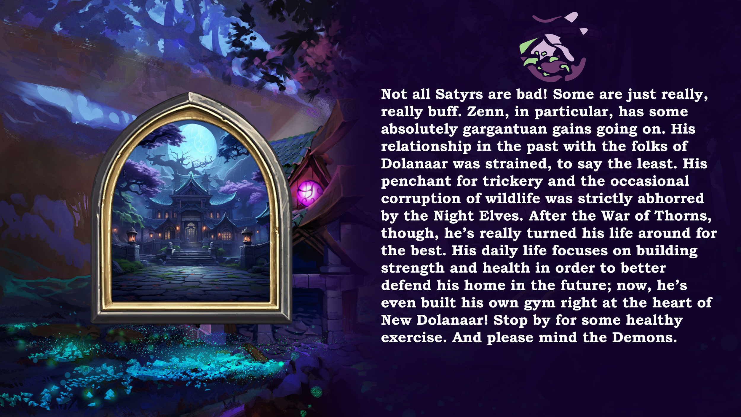 A digital illustration of a mystical scene featuring a mirror with a golden frame reflecting a dark, gothic-style mansion under a full moon. The background includes purple trees with twisted branches and an eerie sky. On the right side, there is a pa