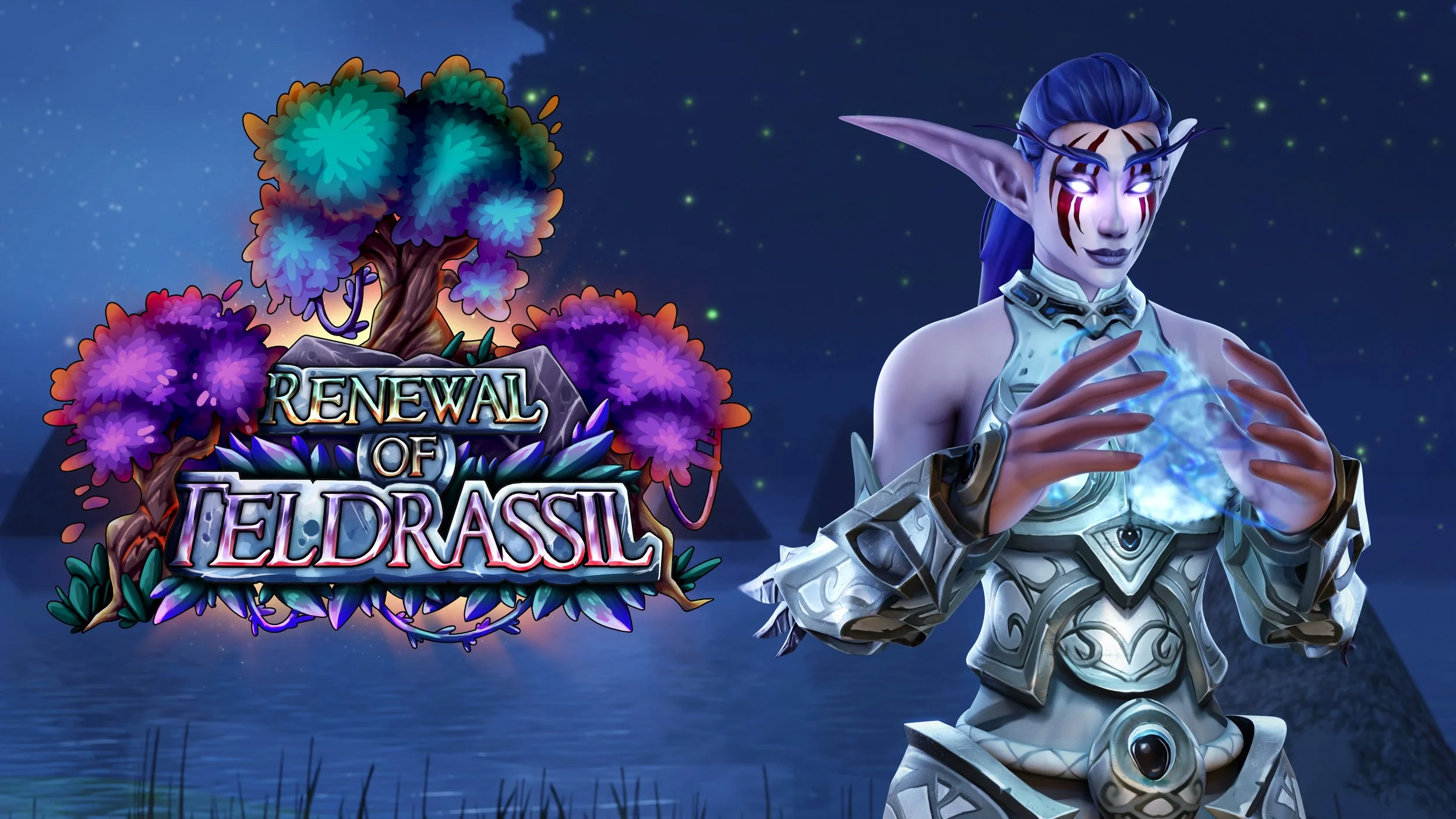 A fantasy character with elf-like features, purple hair, and glowing eyes, holding a glowing orb in front of a background of a starry night sky and a colorful, mystical tree. The text 'Renewal of Teldrasil' appears near the tree.