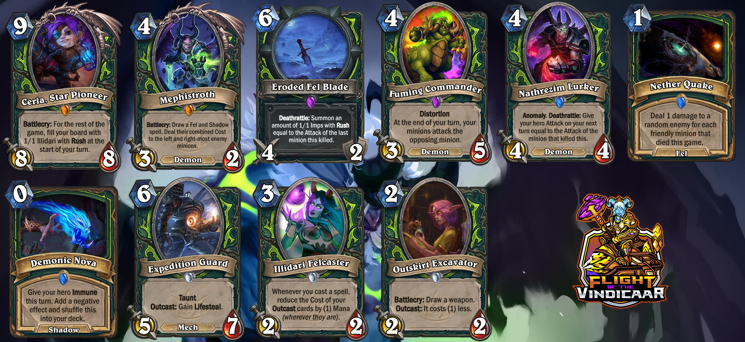 Screenshot from the game 'Flight of the Vindicaar' showing various fantasy-themed cards with characters, creatures, and spells, set against a dark background with a logo in the bottom right corner.