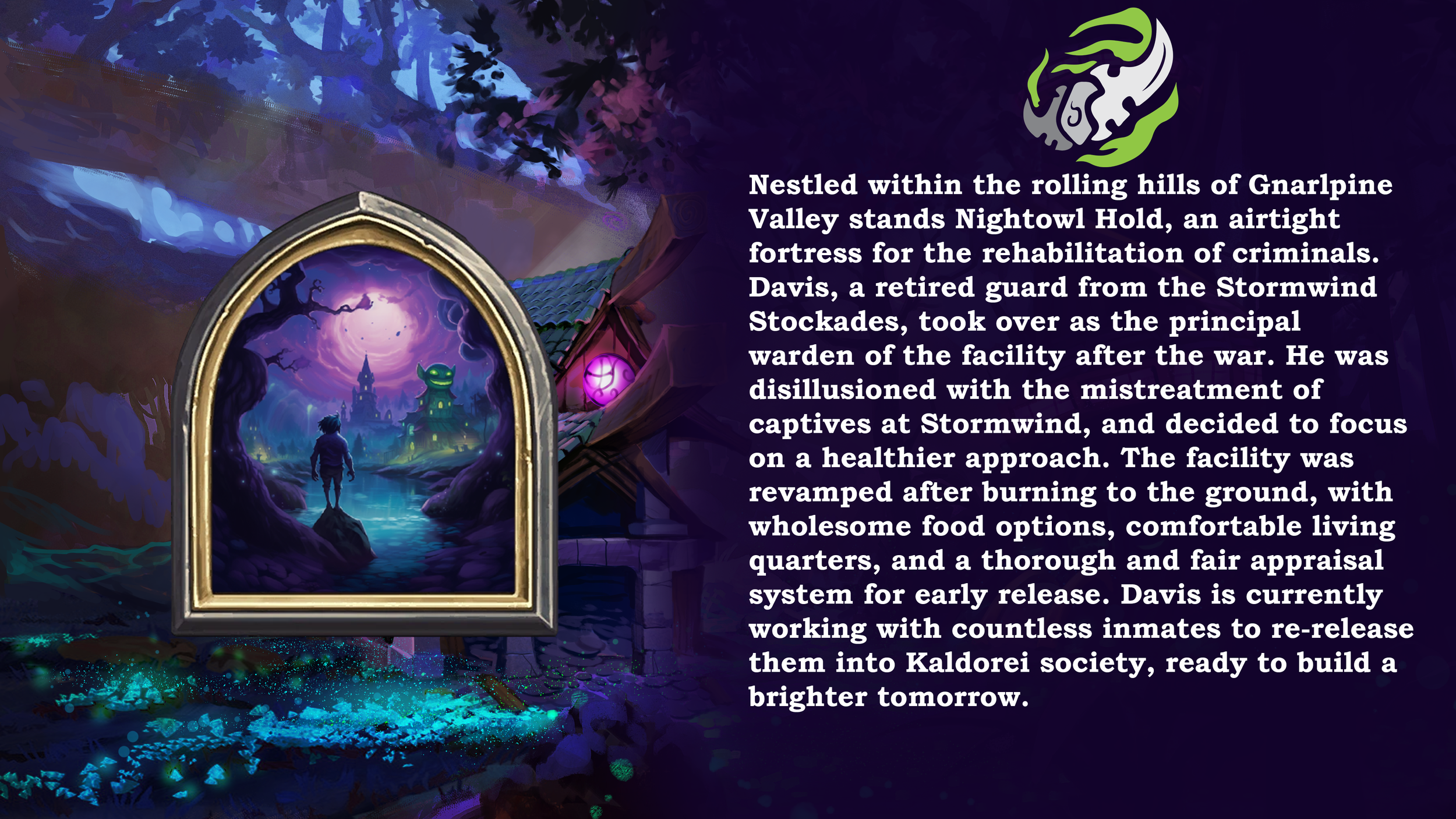 Fantasy-themed illustration featuring a mirror with a yellow frame showing a silhouette of a person standing by a river, with a haunted house and swirling purple sky in the background. The scene is surrounded by dark trees and magical purple orbs, cr