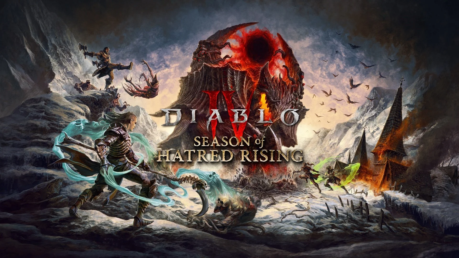 Artwork for Diablo IV Season of Hatred Rising featuring a fiery, demonic mountain with blood-red eyes and horns, surrounded by warriors fighting monsters in a dark, mountainous landscape with gothic spires and flying bats.