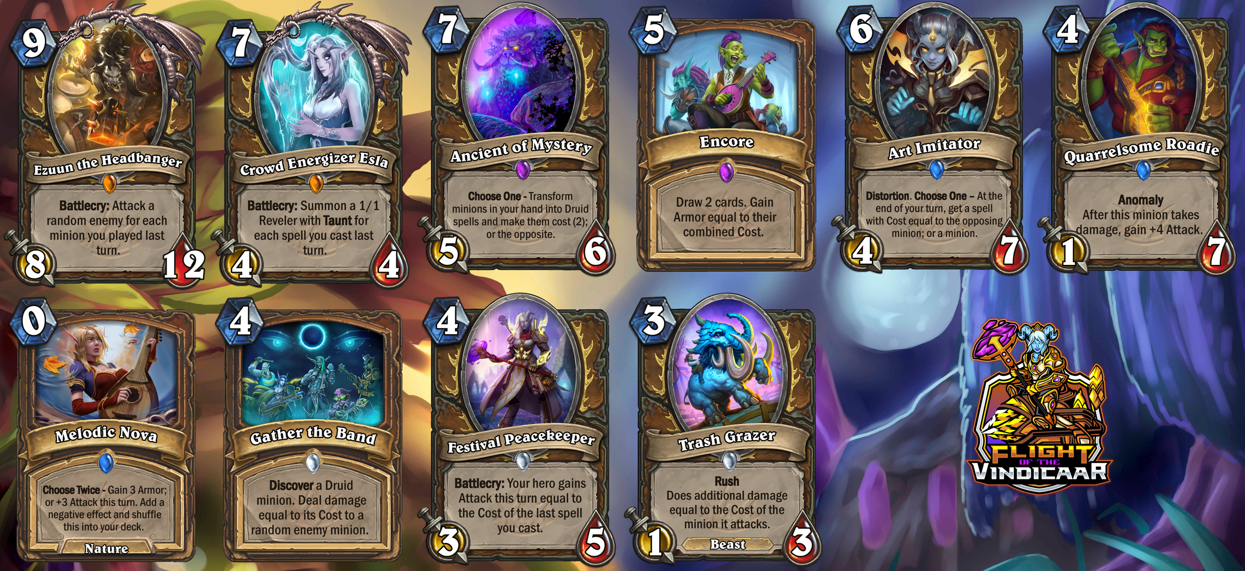 Screenshot of a digital card game, Hearthstone, featuring various fantasy-themed cards with their artwork, names, and stats. The background displays a colorful fantasy scene with waterfalls and a glowing logo in the bottom right corner that reads 'Fi