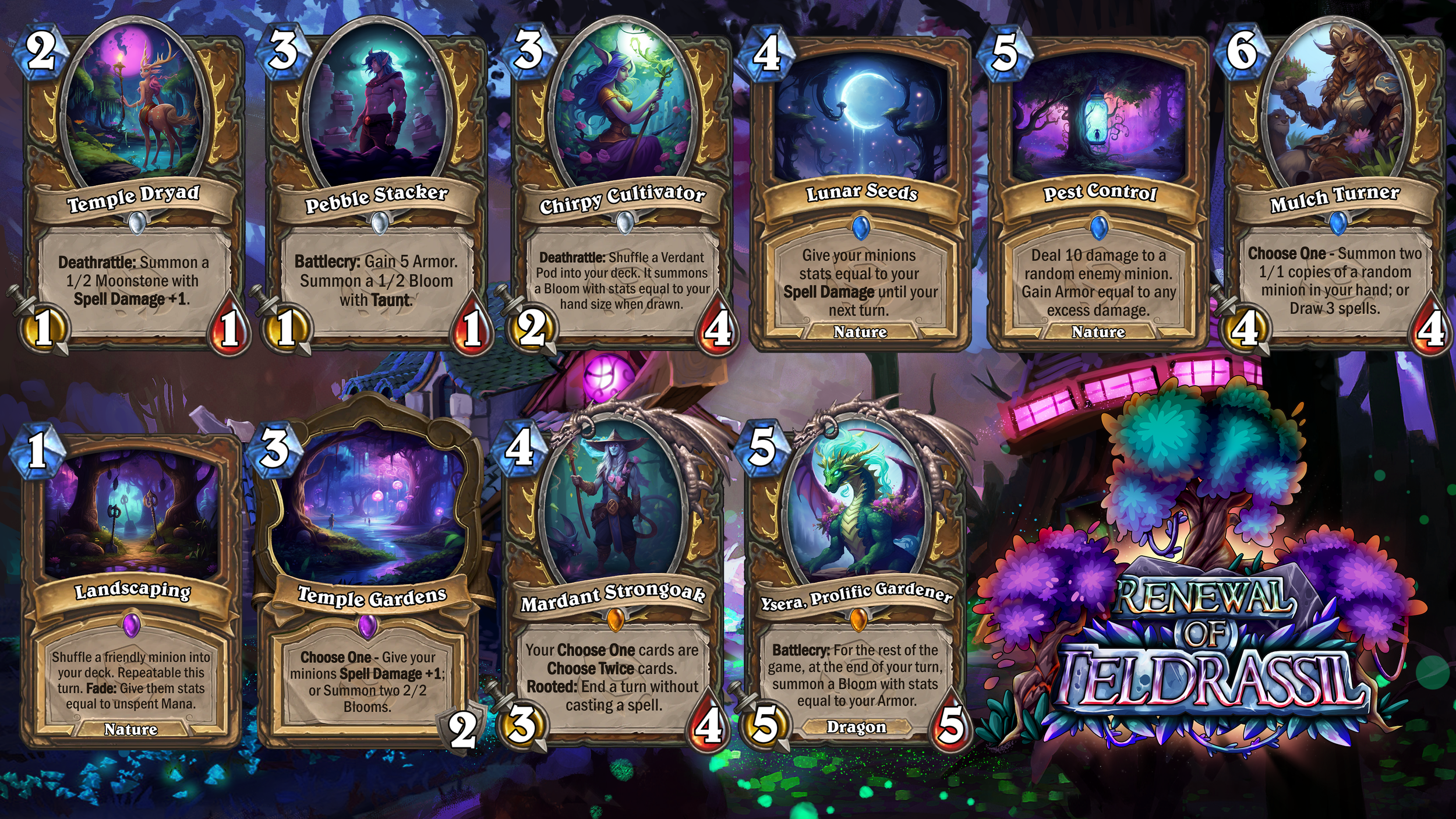 A screenshot of a digital card game featuring fantasy-themed cards with artwork and descriptions. Several cards are visible, including 'Temple Dryad,' 'Pebble Stacker,' 'Chirpy Cultivator,' 'Lunar Seeds,' 'Pest Control,' and 'Mulch Turner,' along wit