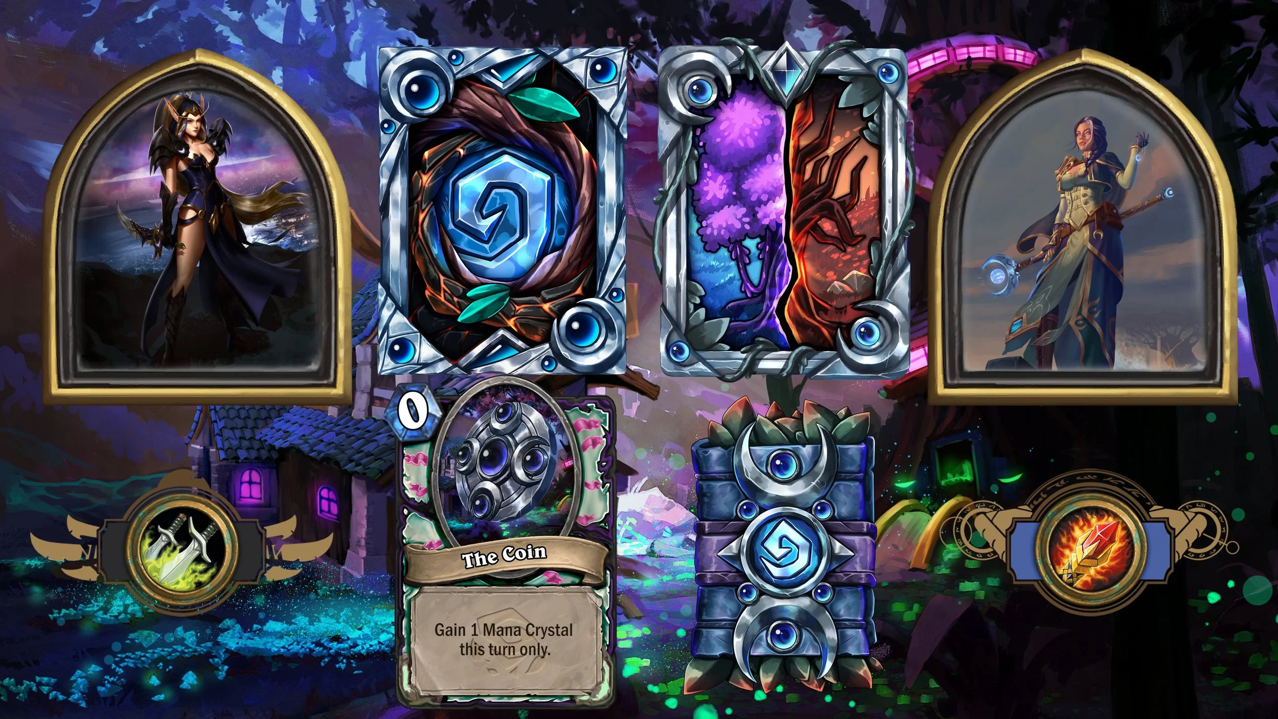 Screenshot from a fantasy-themed card game showing two female characters in detailed costumes on either side, and colorful, mystical cards in the center with vibrant backgrounds.