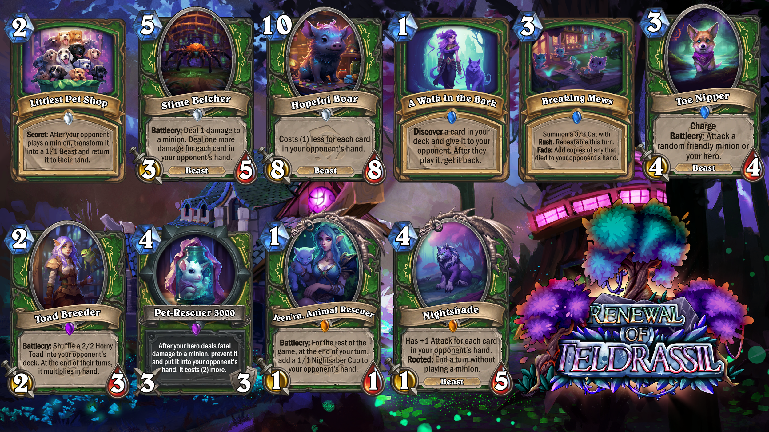 Screenshot of a computer game featuring a colorful fantasy background with purple and blue hues, displaying several collectible cards with fantasy-themed characters and creatures. The cards include a variety of figures such as animals, mythical being