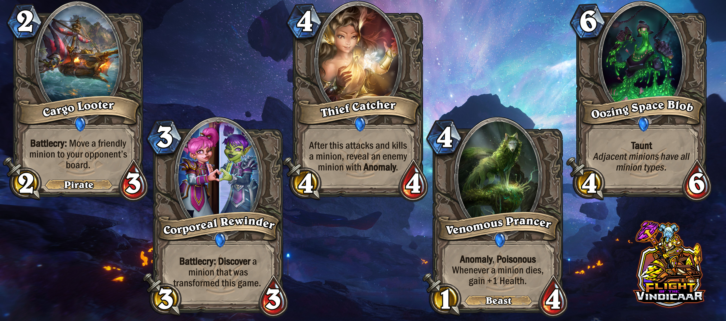 Collection of five fantasy-themed trading cards from a game, featuring characters and creatures with detailed artwork, their names, abilities, and stats, set against a cosmic background with mountains and stars, and a logo in the bottom right corner.