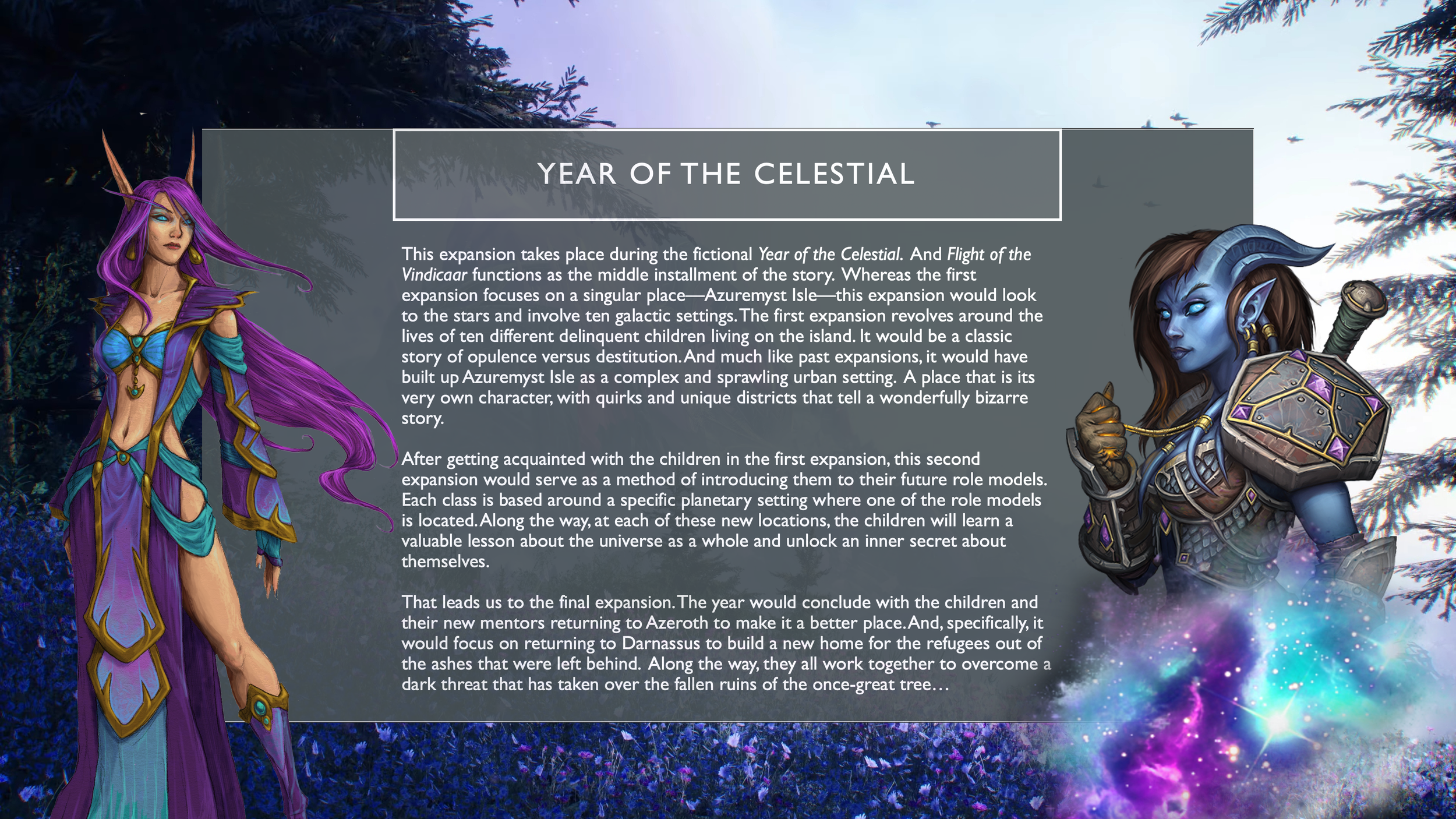 Text discussing the expansion of the fictional world of Azeroth, featuring characters of fantasy elves and orcs, against a background of trees and a starry sky.