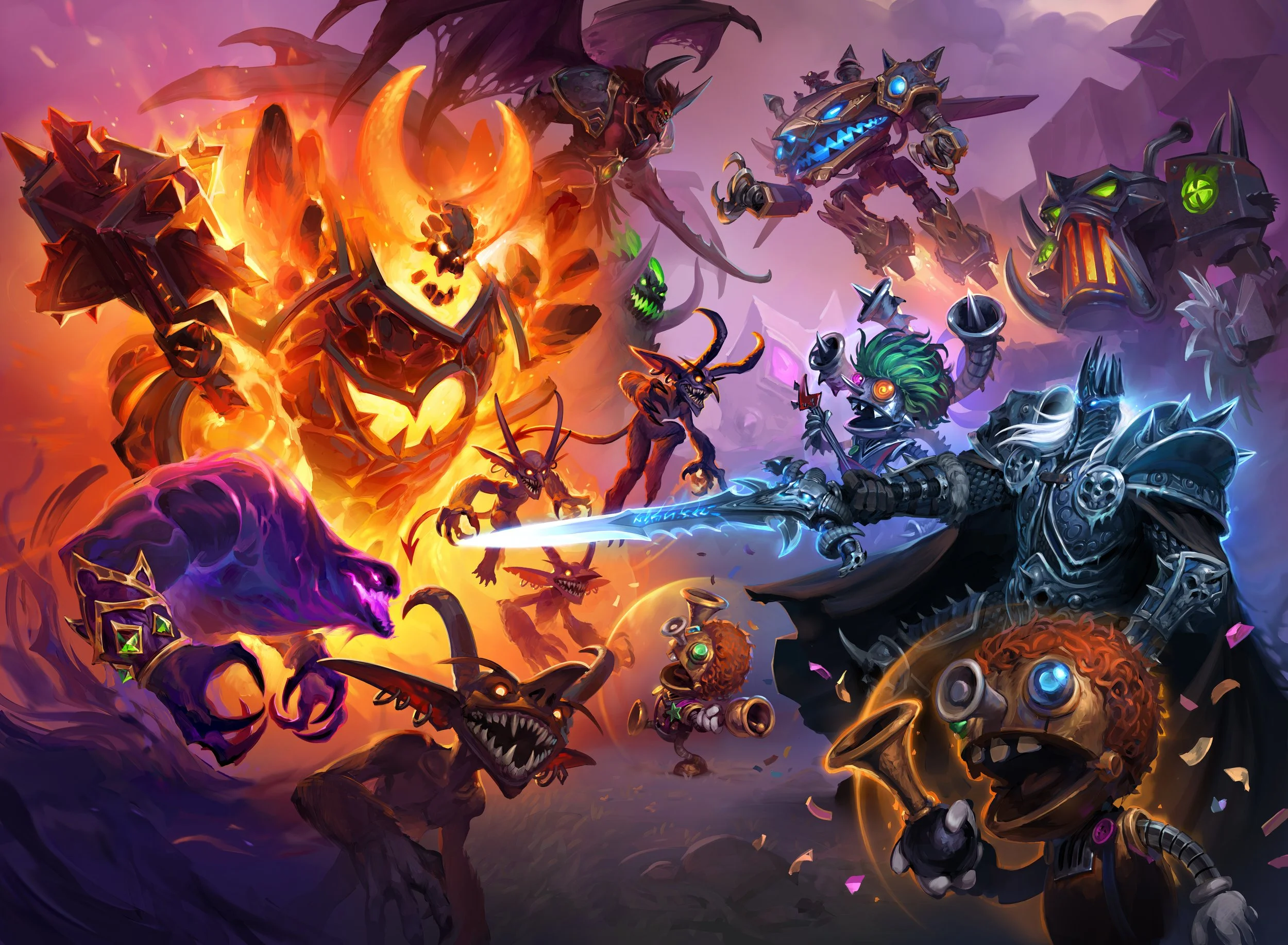Fantasy battle scene featuring various armored characters, monstrous creatures, and magical elements in a vibrant, chaotic environment.