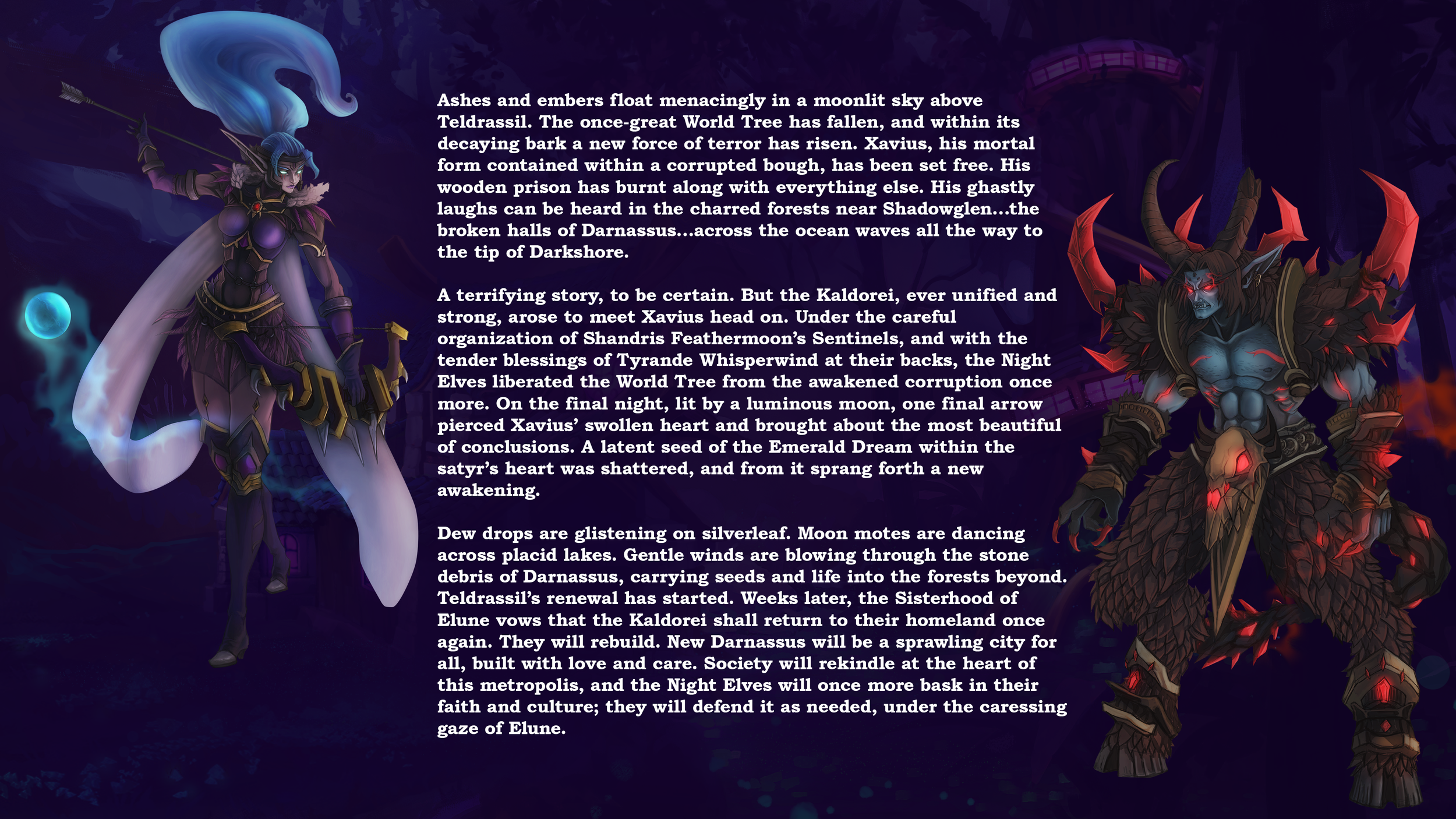 Fantasy scene with two characters, one a female elf or sorceress with blue hair and glowing eyes, on the left, and a male demon or orc with red eyes and horns on the right, set against a dark, mystical background filled with swirling colors and glowi