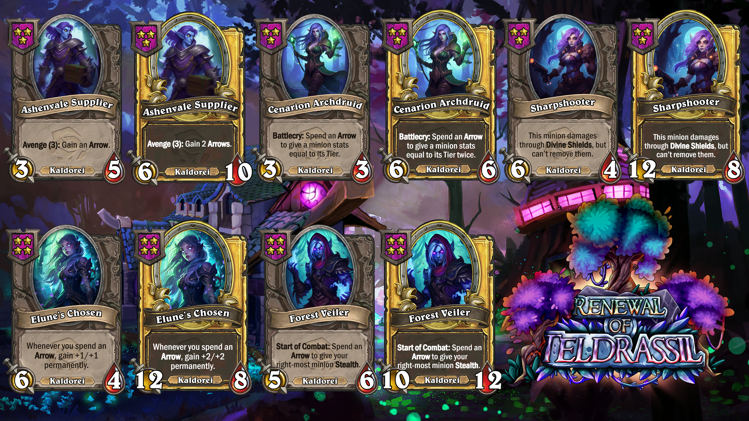 A screenshot from a card game showing two sets of hero cards and various minion cards. The hero cards include Elune's Chosen, Forest Veiler, and others with their respective stats. The background features a colorful, fantasy-style tree with glowing l