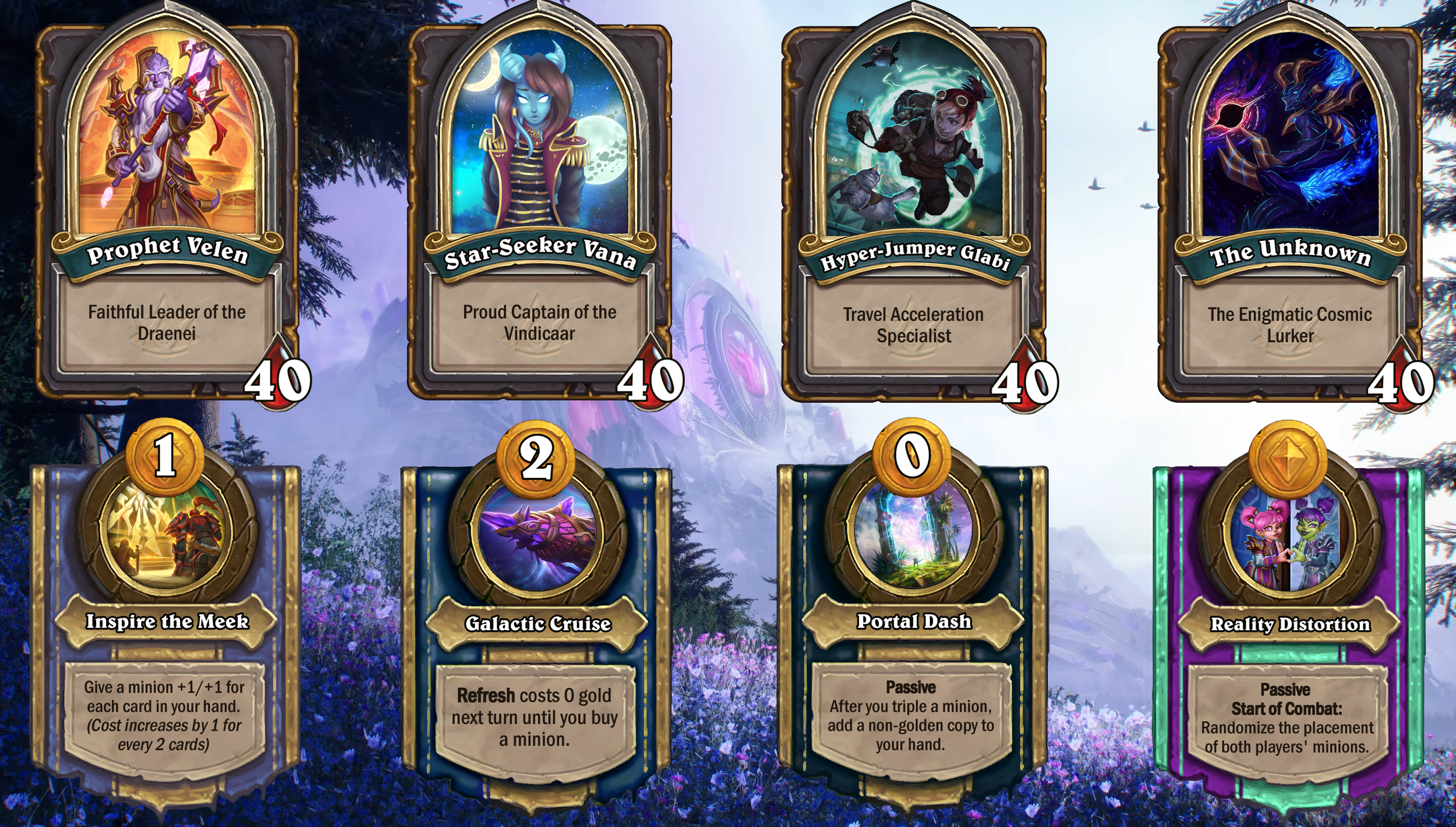 Four fantasy-themed card portraits with character names and descriptions from a digital card game, set against a background of a mystical forest with trees and purple flowers.