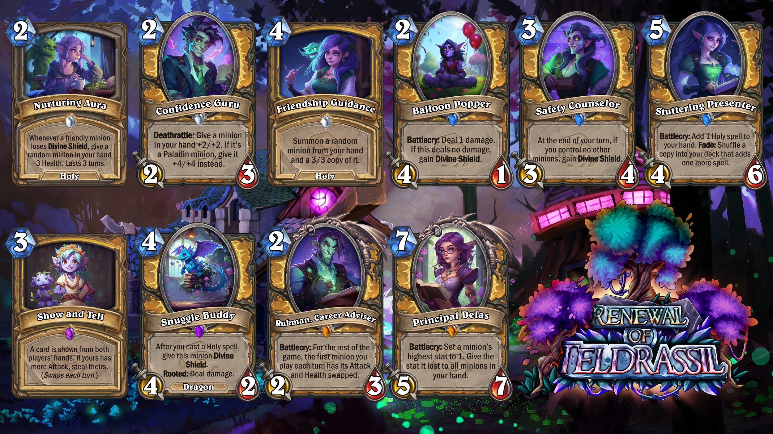 Screenshot of a Hearthstone game interface showing various cards with fantasy characters and spells, set against a colorful, mystical background with trees and glowing elements.