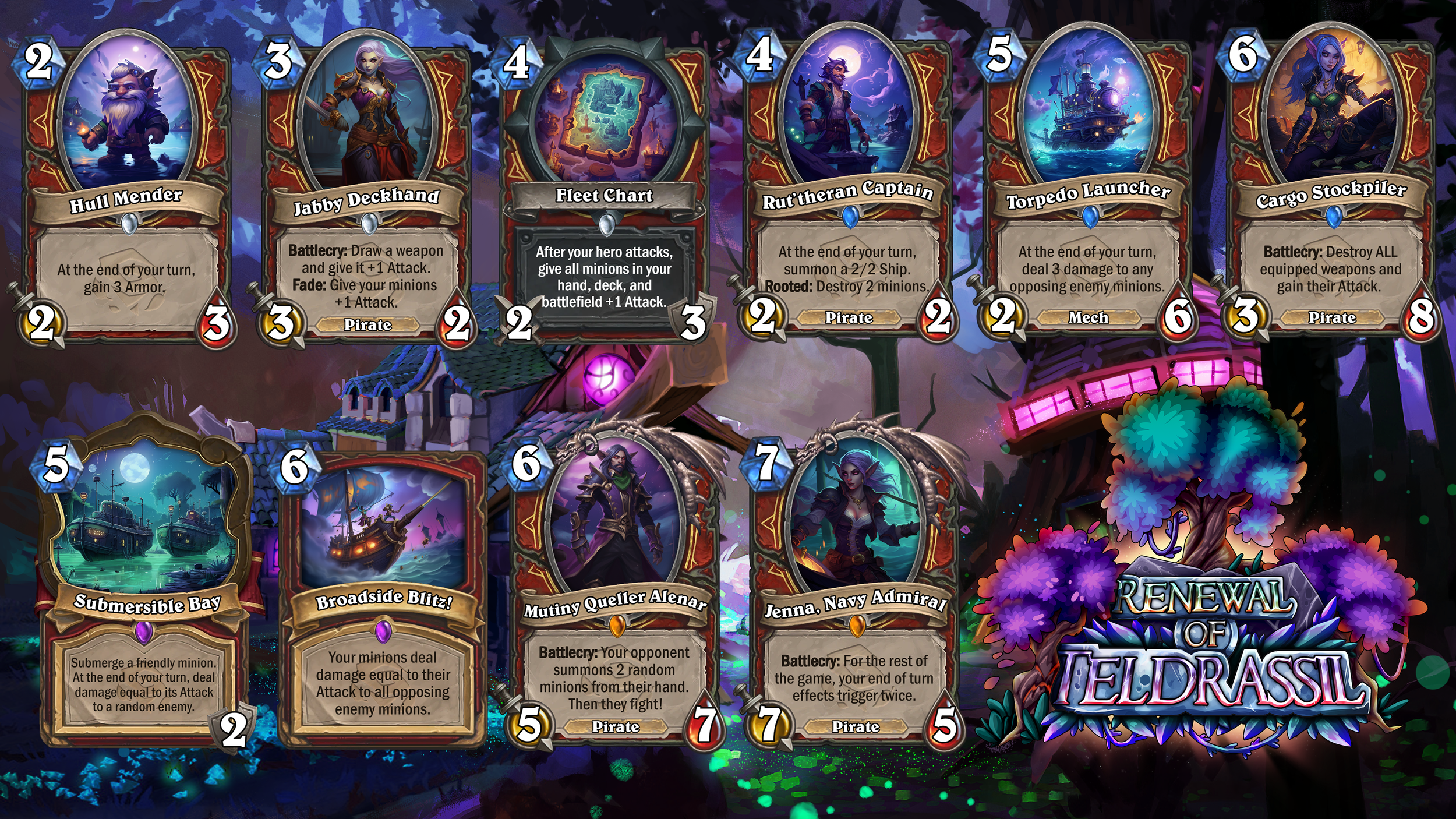 Screenshot of a digital card game with multiple character and spell cards, set against a colorful, fantasy-themed background.