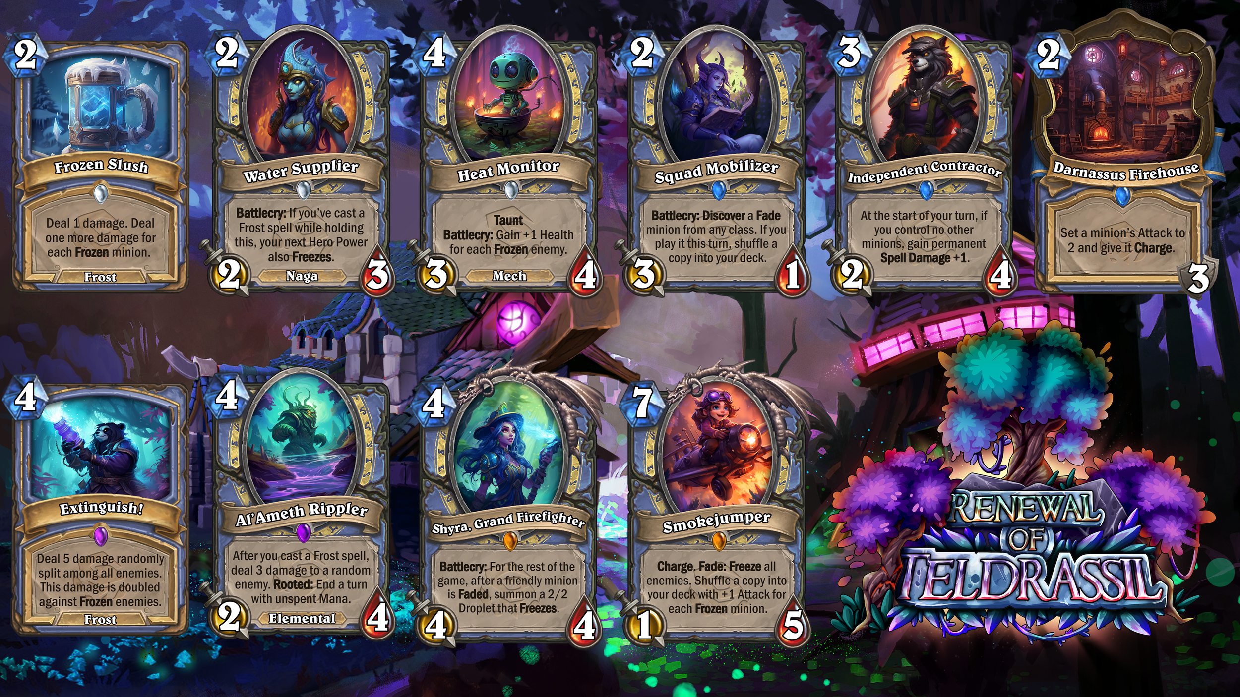 Digital image depicting a Hearthstone game interface with various cards displayed, including spells, minions, and hero portraits, set against a colorful fantasy background.