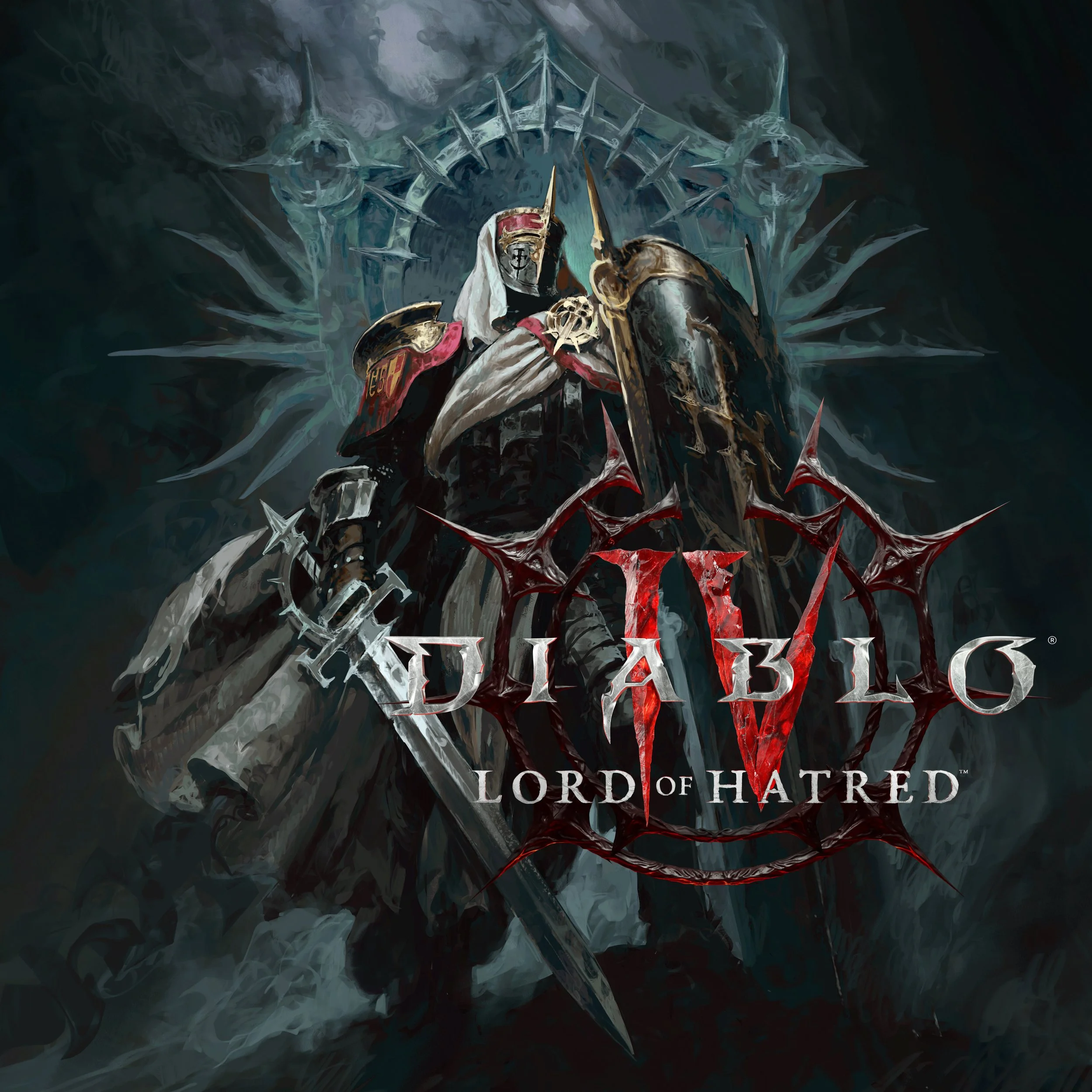 Dark fantasy art of a knight in ornate armor, holding a sword and a shield, standing in front of a large, ice-like throne with jagged spikes and a crown-shaped structure, with the title 'Valkyrie' and 'Lord of Hatred' at the bottom.