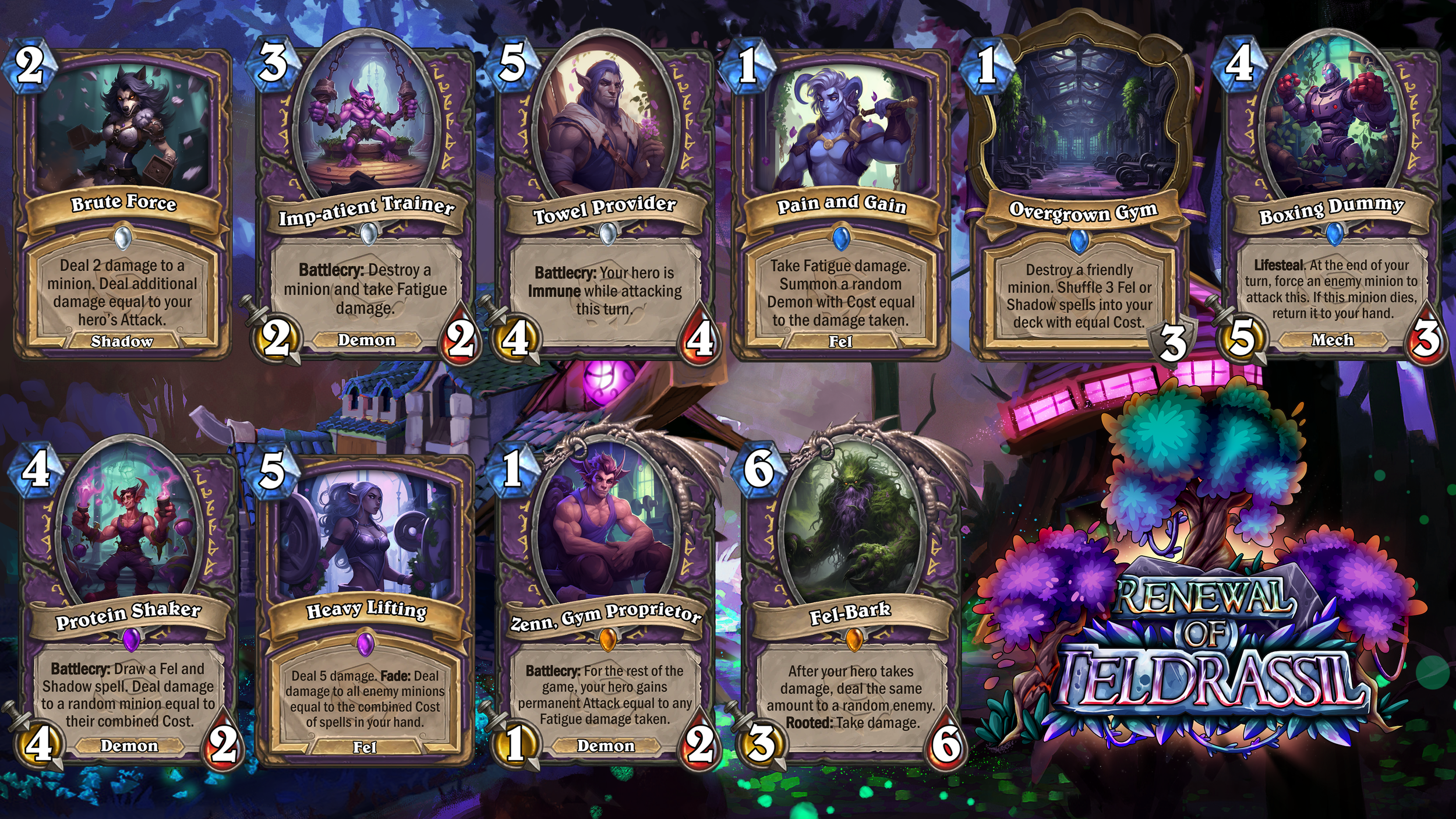 A digital card game screen showing various collectible cards with fantasy-themed artwork and text descriptions.
