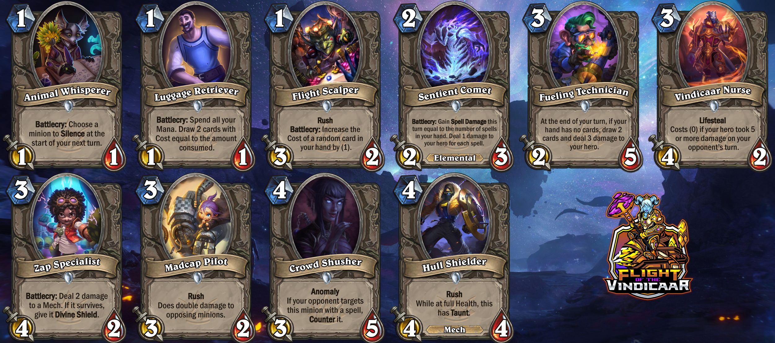 Screenshot of a digital card game featuring various character and spell cards, including 'Animal Whisperer', 'Luggage Retriever', 'Flight Scalper', 'Sentient Comet', 'Fueling Technician', 'Vindicaar Nurse', 'Zap Specialist', 'Madcap Pilot', 'Crowd Sh