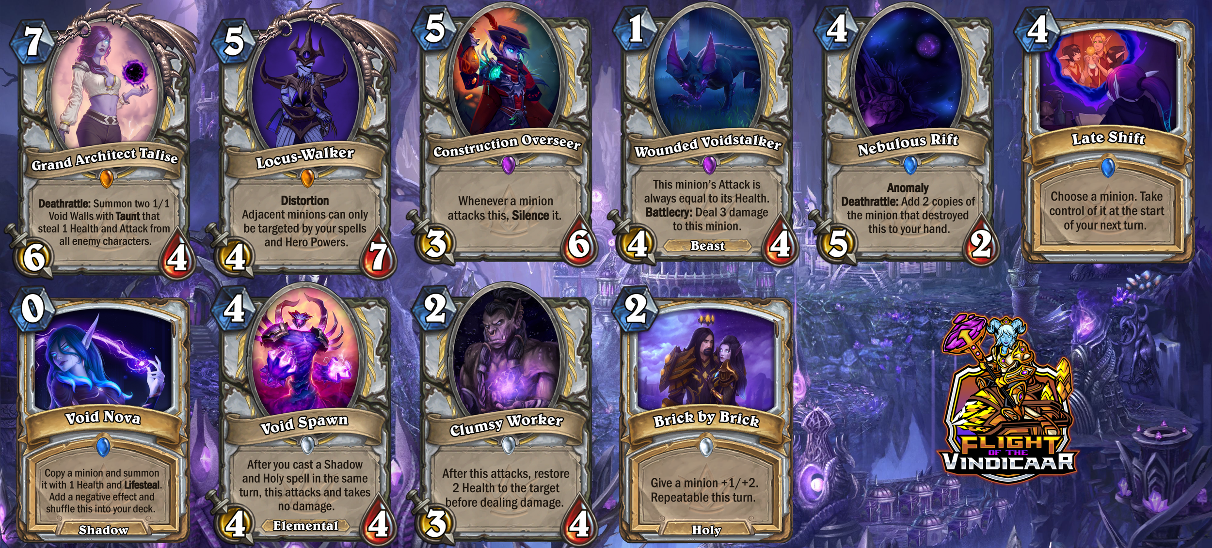 Screenshot of a digital card game called 'Fight of the Vindicar', featuring multiple fantasy-themed cards with characters, creatures, and spells, set against a purple, mystical background with a castle and trees.