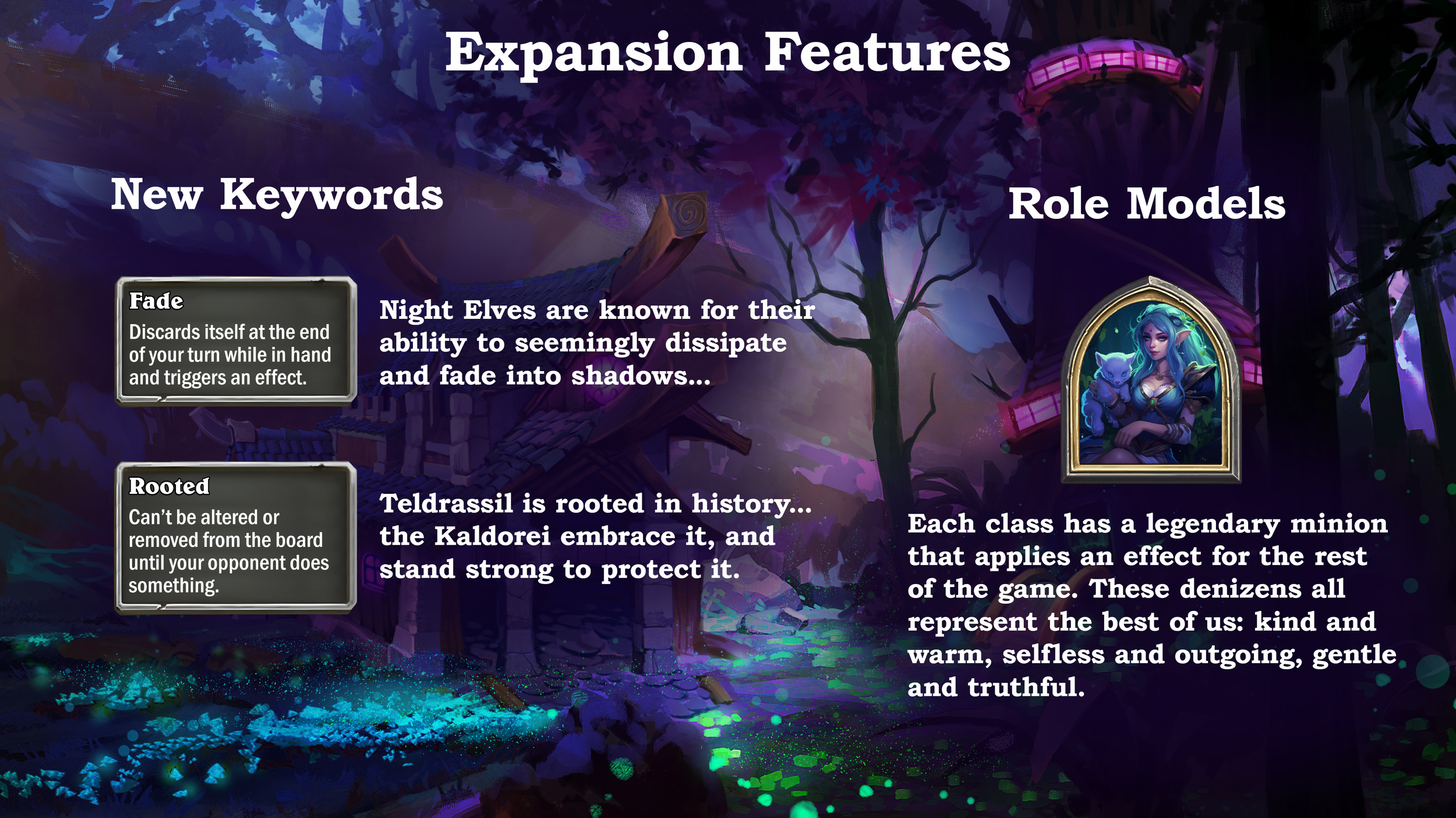 A fantasy-themed game promotional graphic titled "Expansion Features." It highlights new keywords "Fade" which discards itself at the end of your turn while in hand and triggers an effect, and "Rooted" which can’t be altered or removed from the board