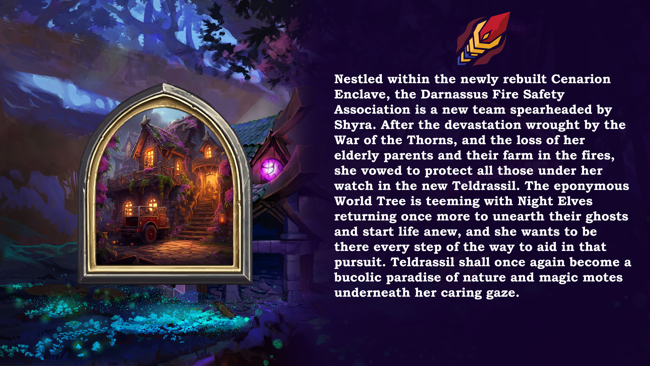 Illustration of a magical, colorful house seen through an arched mirror, set in a mystical landscape with dark purple and blue hues, featuring a red fire truck in front and glowing windows, surrounded by fantasy elements including trees and glowing a