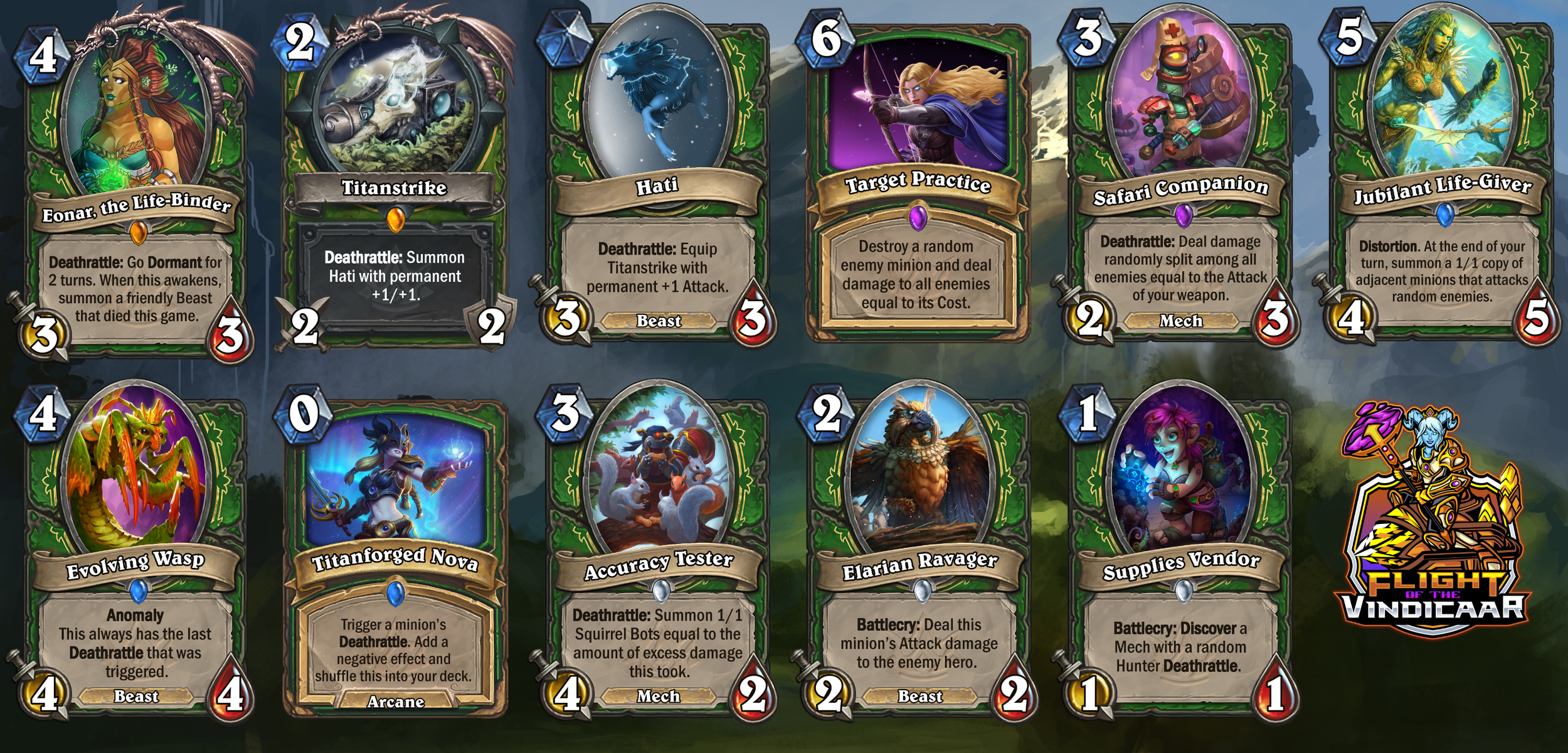 A collection of digital cards from a game called 'Flight of the Vindicaar,' featuring characters and items like Enor, the Life-Binder, Titanstrike, Hati, Target Practice, Safari Companion, Jubilant Life-Giver, and other creature and weapon cards, arr