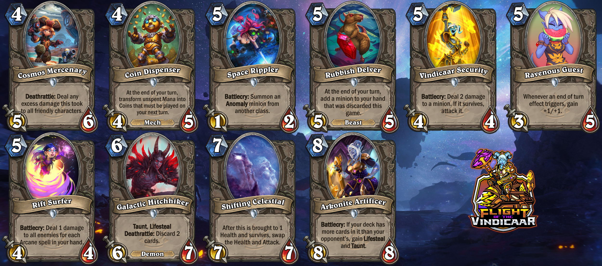 The image shows a digital card game called 'Flight of the Vindicar,' with a collection of fantasy-themed trading cards arranged in a grid, featuring characters like a robot, a gingerbread minion, a scholarly witch, a bear, a blue-skinned warrior quee