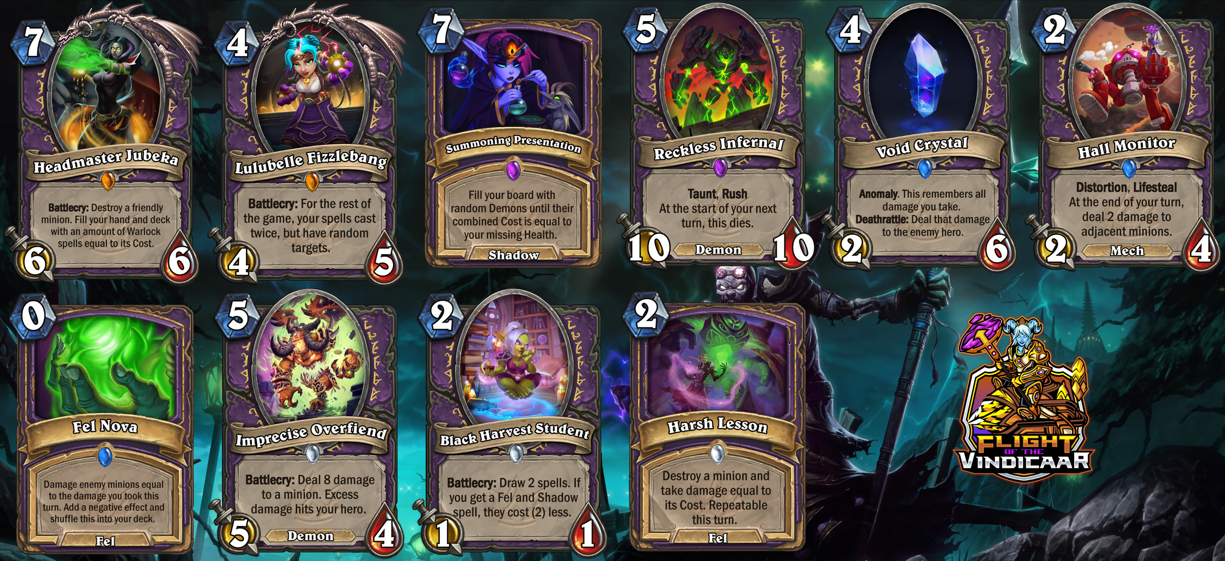 Screenshot of a digital card game called "Flight of the Vindicaar," featuring various fantasy-themed cards with detailed artwork and game stats, set against a dark, eerie background with a large skeletal figure.