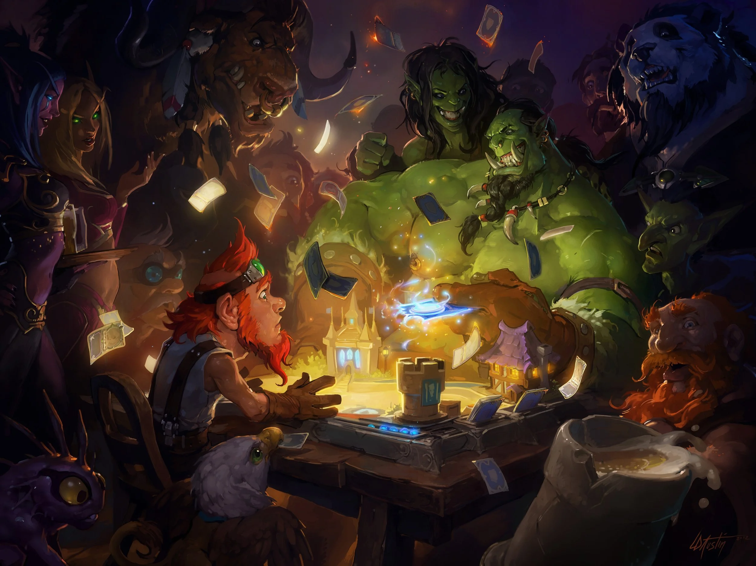 Fantasy illustration of diverse characters gathered around a mystical game table, including orcs, elves, dwarves, and monsters, with floating cards and glowing objects, set in a dark, magical environment.