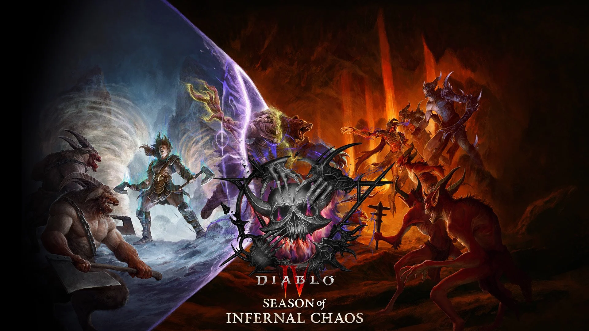 Artwork from Diablo IV, Season of Infernal Chaos, showing a central skull with weapons and chaos symbols, divided into a icy blue left side with demons and a fiery red right side with fire monsters.