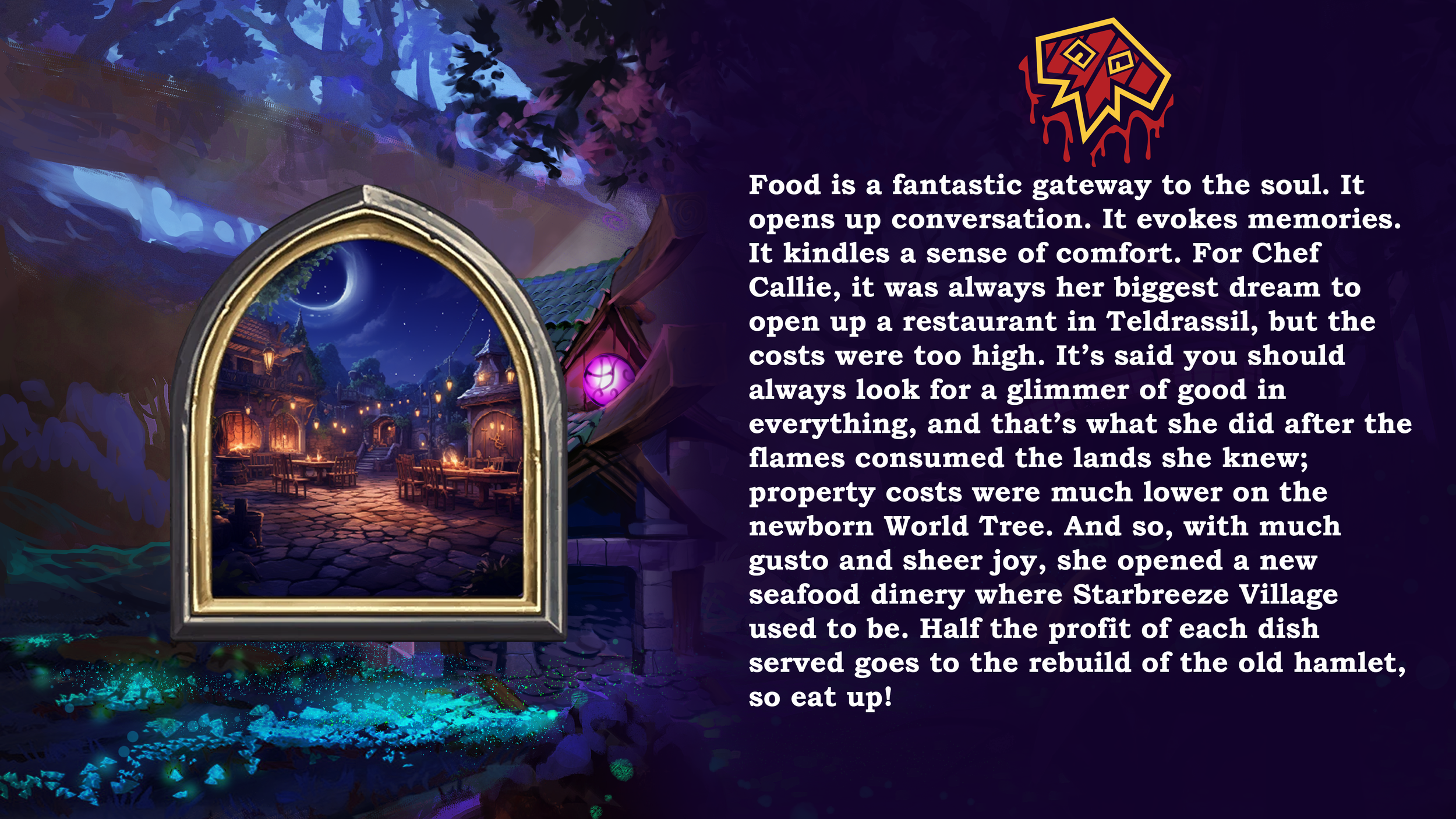 A digital illustration of a cozy restaurant scene seen through a mirror, with a night sky, stars, and crescent moon, surrounded by a fantasy landscape with glowing elements and a dark purple background.