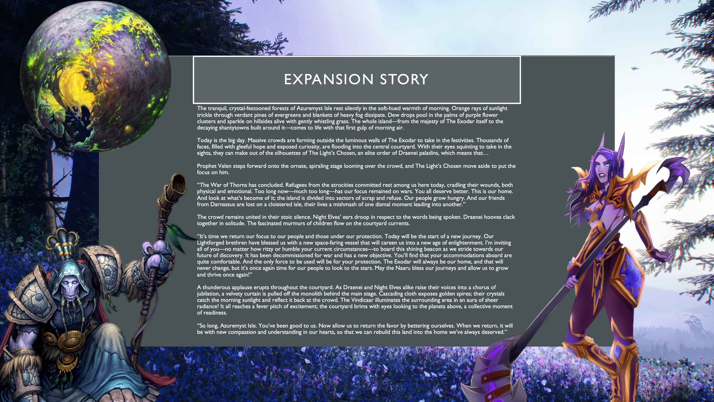 A fantasy scene with a large glowing orb on the left, surrounded by mystical characters including a purple-haired elf woman on the right, and various armored figures at the bottom, set in a vibrant forest environment with trees and purple foliage.