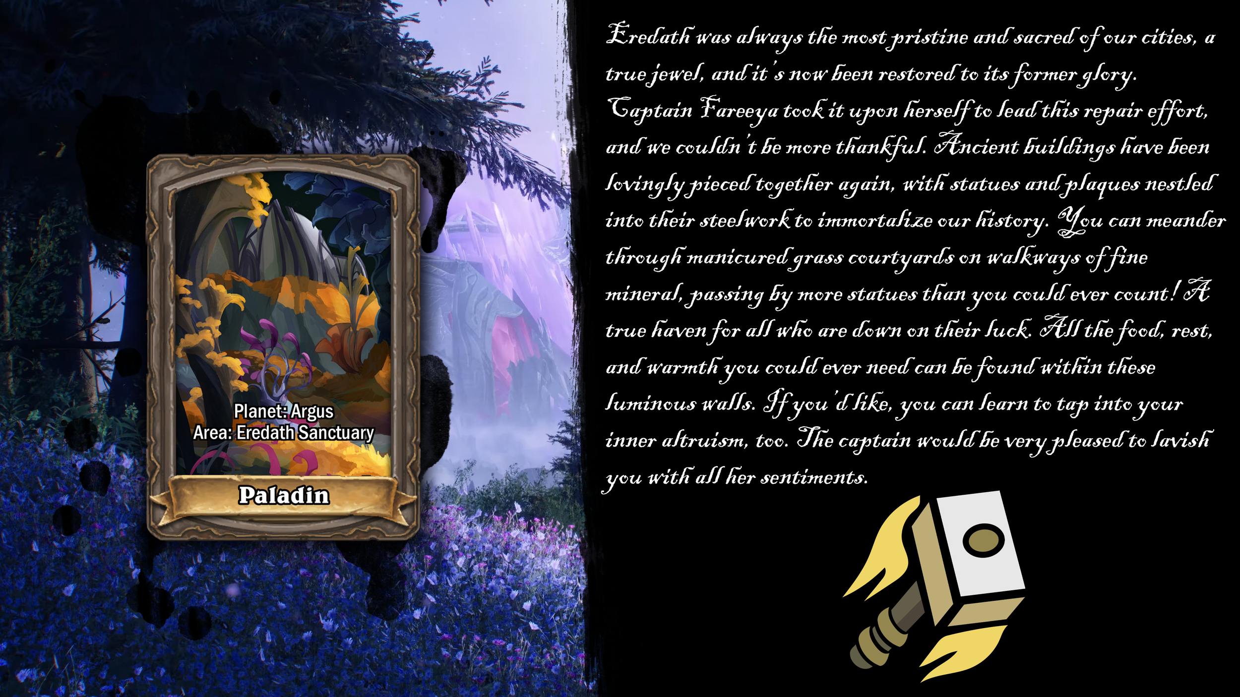 A digital game card displaying a scene with colorful flowers and plants, labeled as Planet: Argus and Area: Eredath Sanctuary, with a background of a mystical forest and cascading waterfalls. An overlay of text describes the history and restoration o