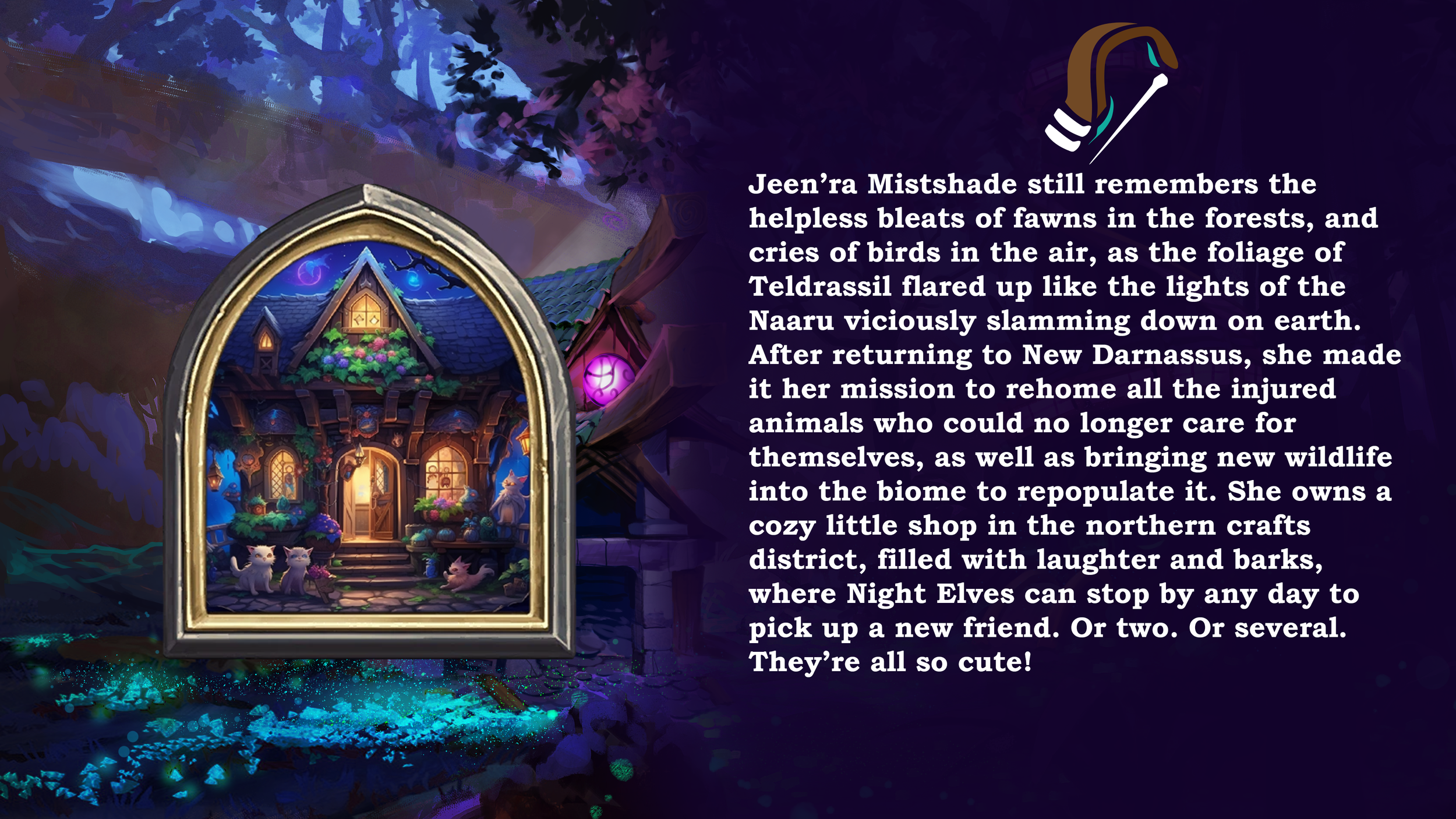 A colorful fantasy illustration of a cozy elf house with a garden, seen through an ornate, arched window, set against a magical forest night sky.