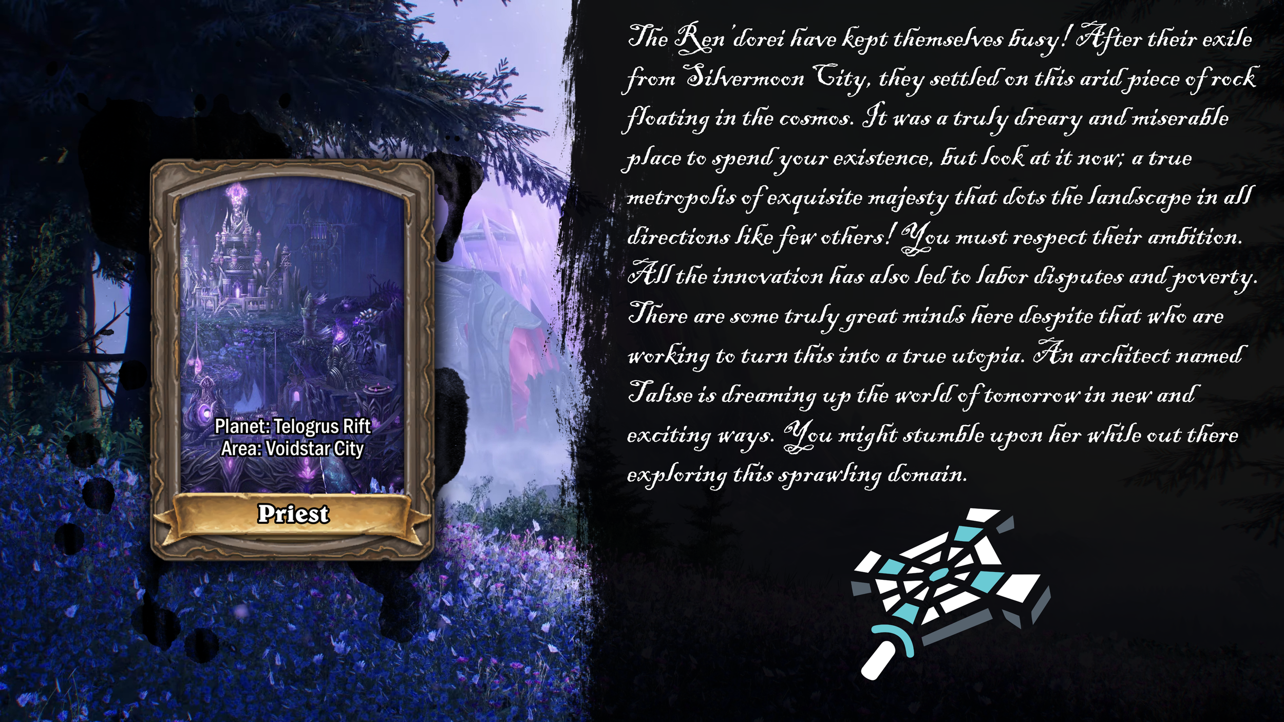 A digital game card for a Priest character from the game World of Warcraft: Dragonflight. The card shows a purple and silver kingdom floating in space, with labels indicating it is on Planet Telogrus Rift and Area Voidstar City.