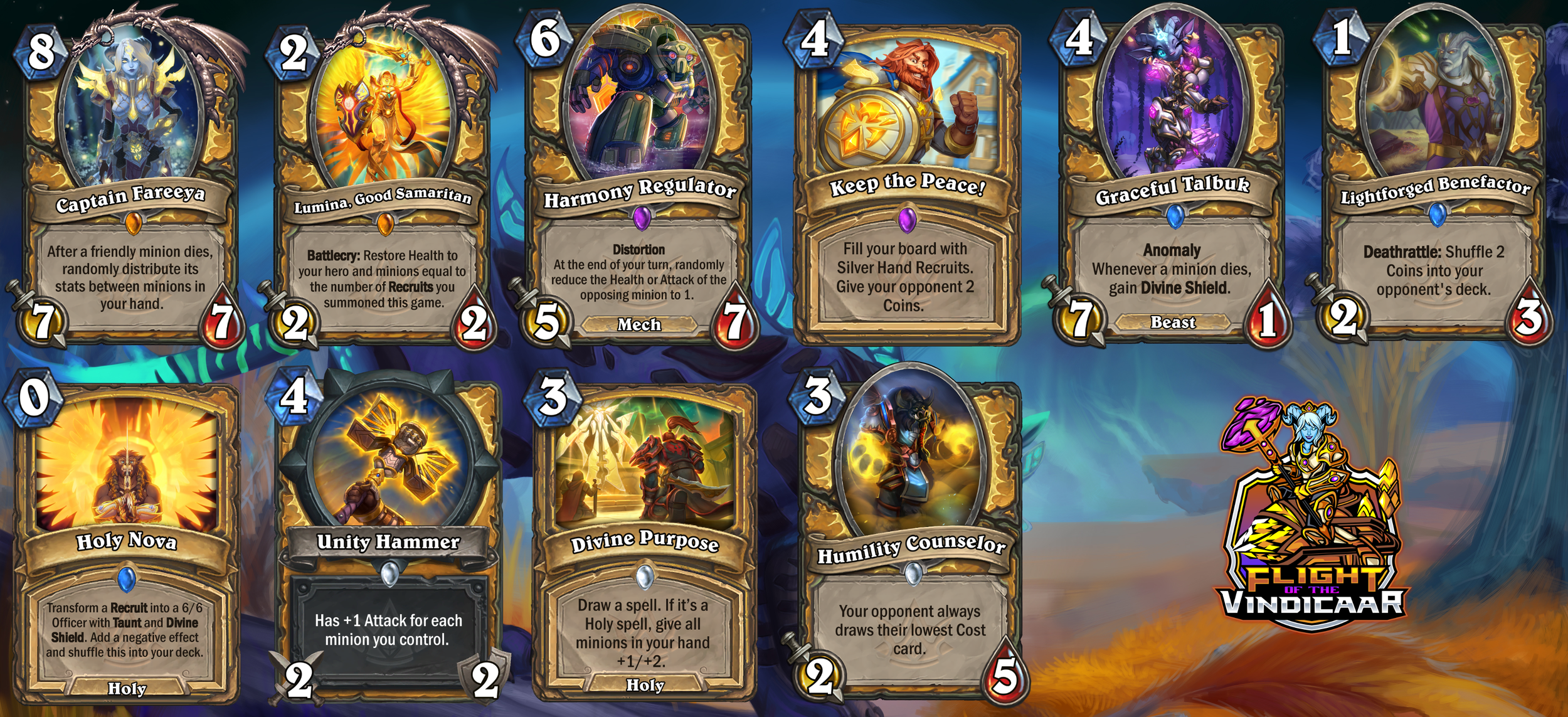 Screenshot of a digital card game deck featuring multiple cards with various characters, abilities, and stats, including Captain Fereeya, Lumina, Harmony Regulator, Keep the Peace!, Graceful Talbuk, Lightforged Benefactor, Holy Nova, Unity Hammer, Di