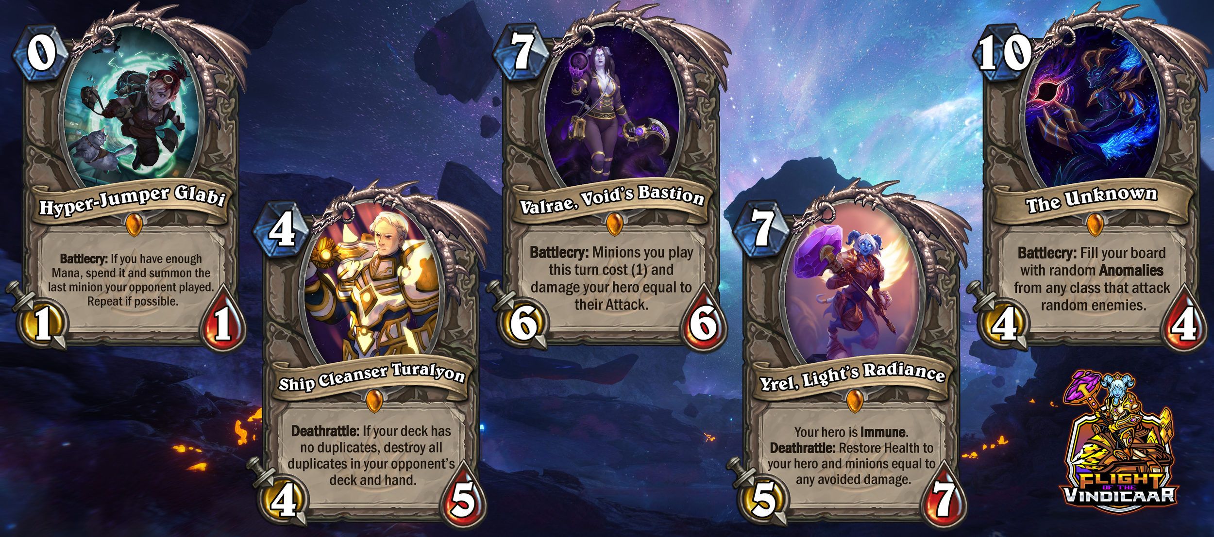 Collection of five virtual trading cards from a fantasy card game, each featuring different characters and game abilities, set against a cosmic background with purple and blue hues and distant stars.