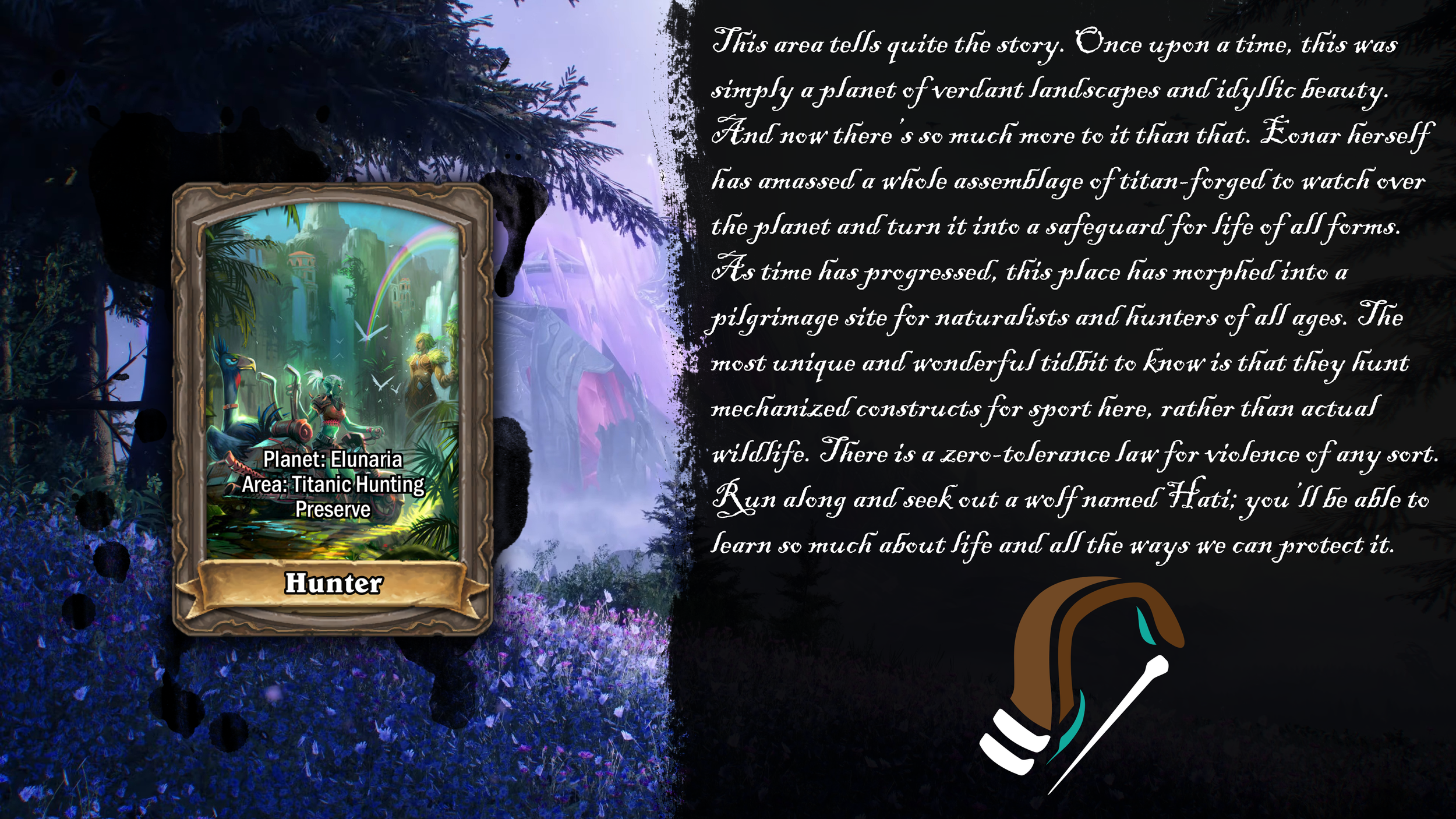 A digital illustration of a lush, green, fantastical forest on the planet Elunaria. The scene features tall trees, waterfalls, and a rainbow. A female character dressed in hunter attire stands among exotic plants and creatures. The bottom of the smal