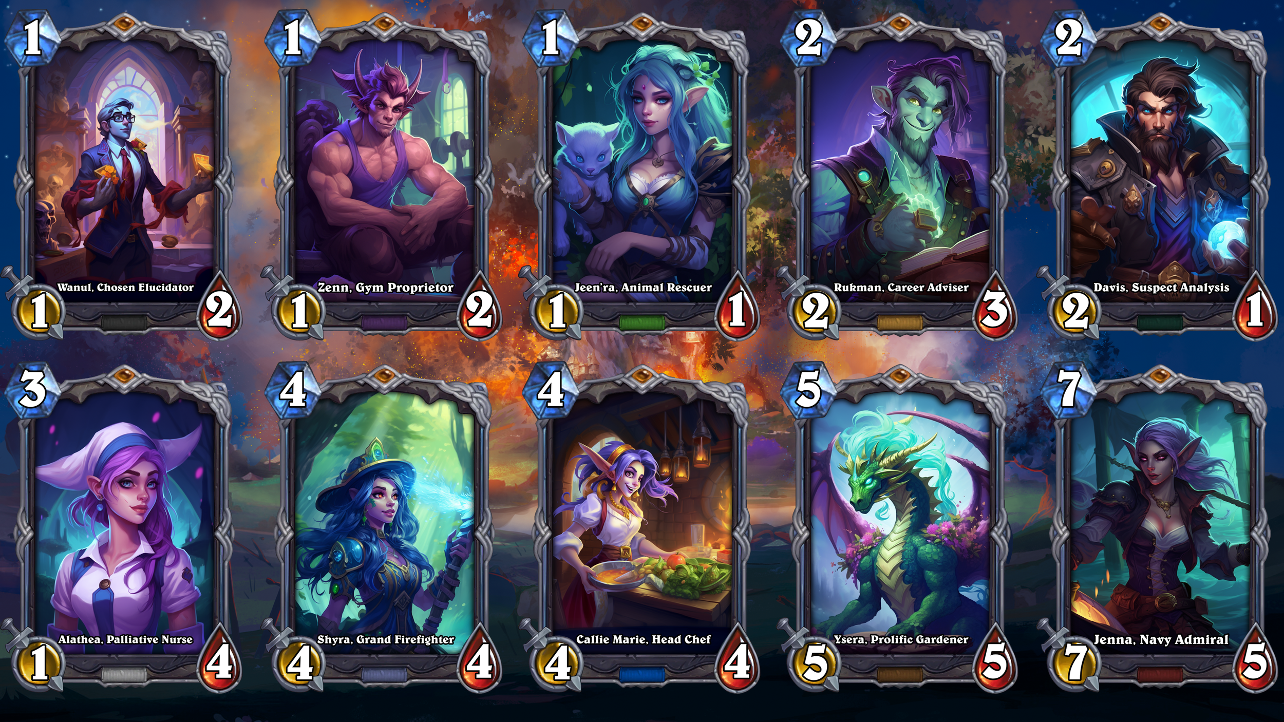 Collection of illustrated fantasy or gaming cards with various characters and backgrounds, each card featuring character names, attributes, and artwork.