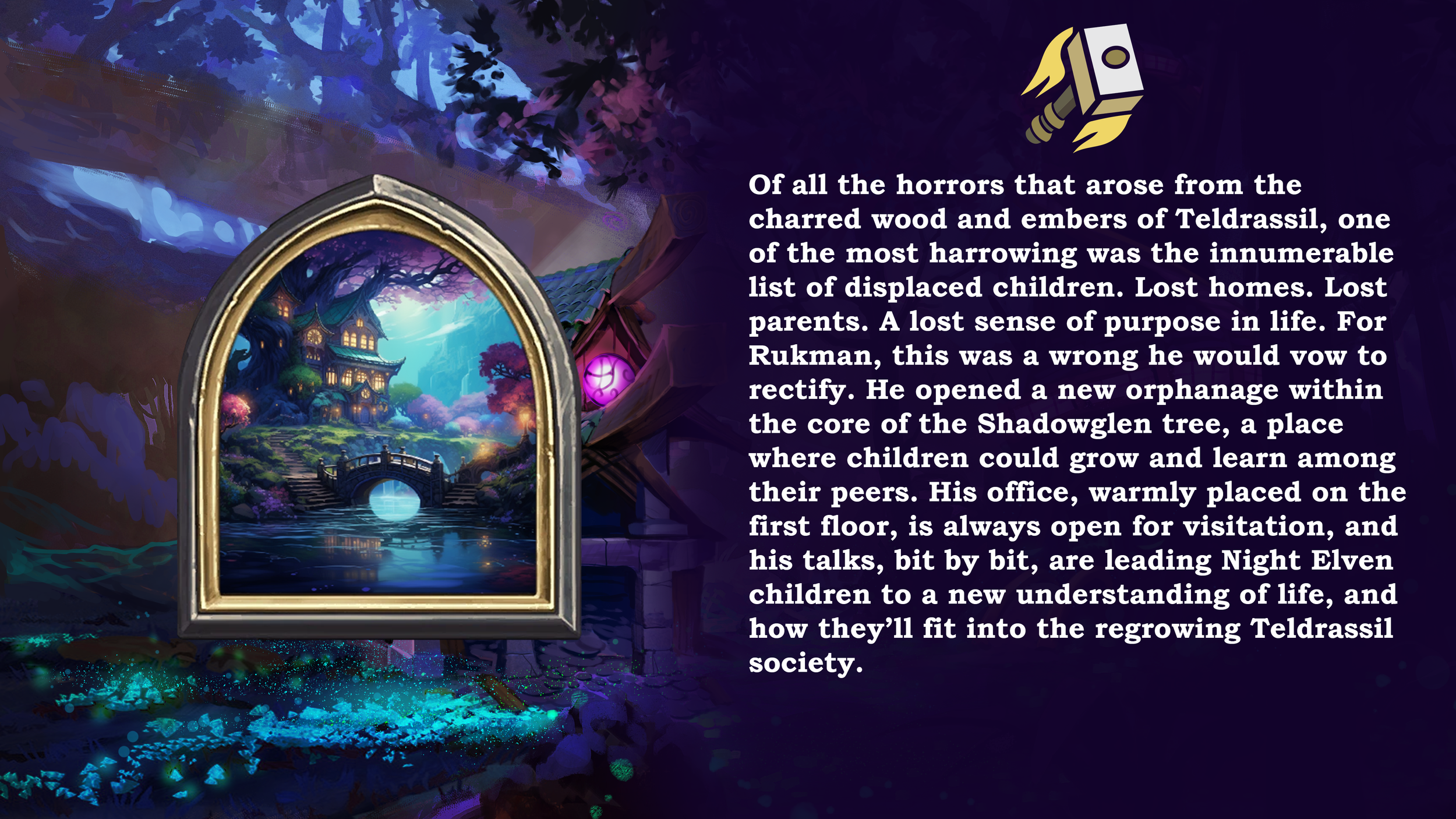 A fantasy illustration of a magical house on a hill seen through an ornate mirror frame. The house has glowing windows, surrounded by colorful trees, and a bridge over water, all under a bright, mystical sky.