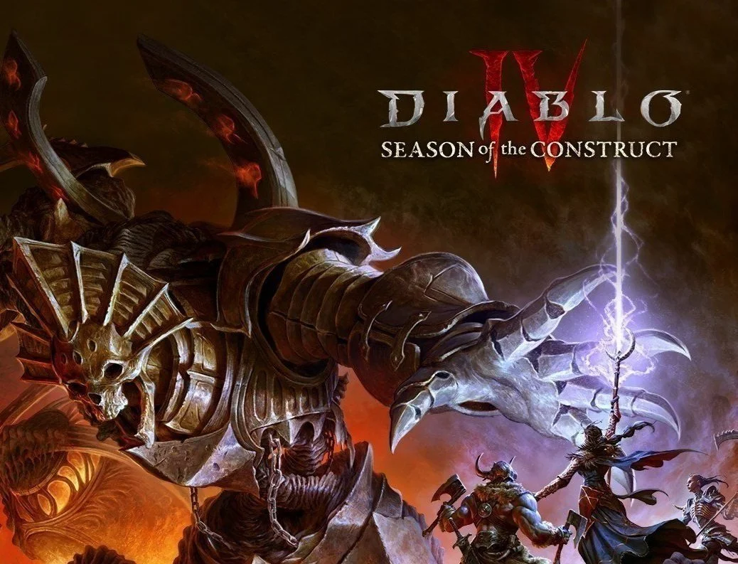 Artistic poster for Diablo IV: Season of the Construct showing a large armored demon with horns, a skull adornment, and glowing eyes, holding a lightning-tipped staff. Several human warriors with weapons face the demon against a fiery, stormy background.