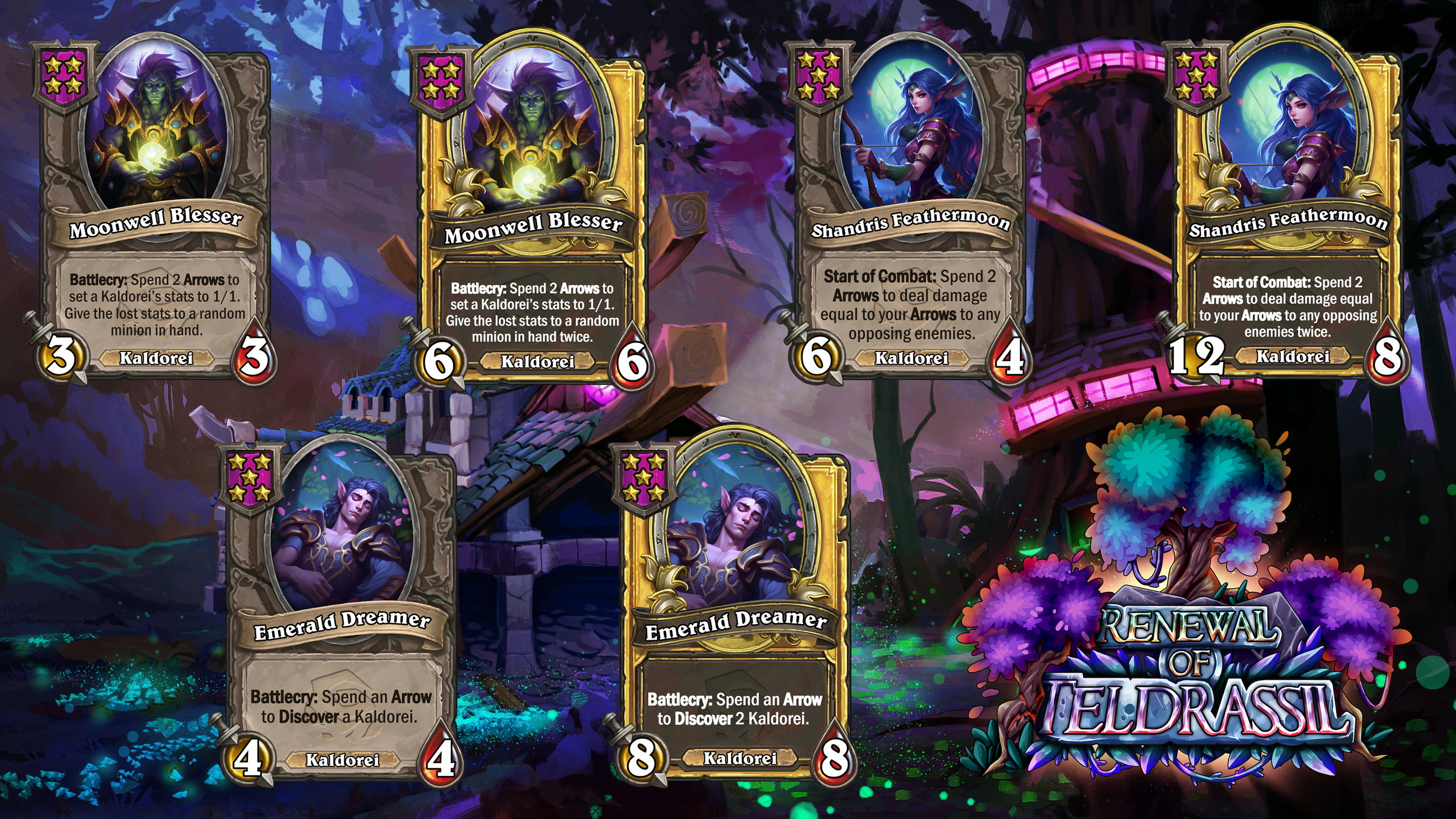 The image shows digital collectible cards from a fantasy-themed card game. The cards feature characters with distinct artwork and stats, including a dark forest background with glowing accents and vibrant colors.