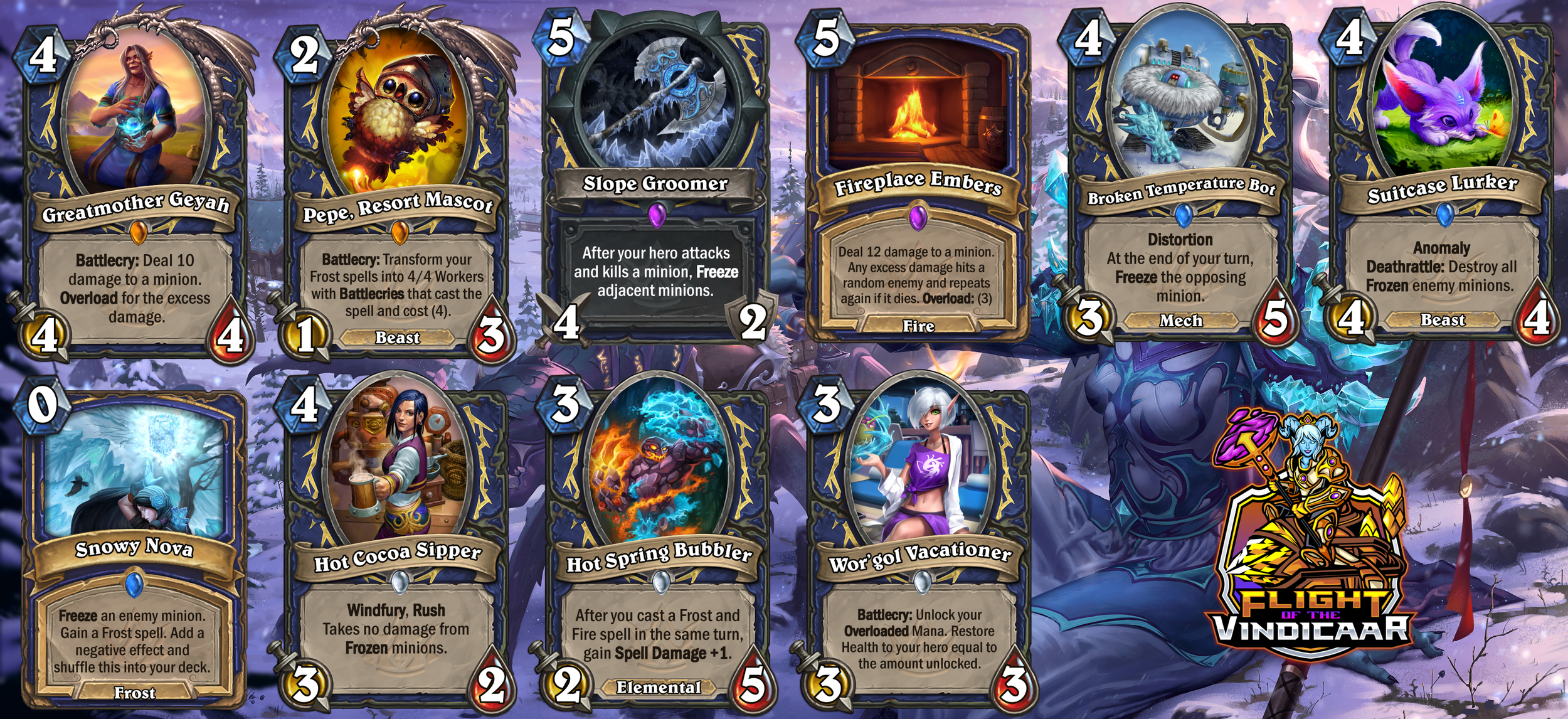 Collection of fantasy-themed cards from Hearthstone's "Flynt of the Vindicar" set, including characters and spells like Greatmother Geyah, Pepe, Resort Mascot, Slope Groomer, Fireplace Embers, Broken Temperature Bot, Suitcase Lurker, Snowy Nova, Hot 
