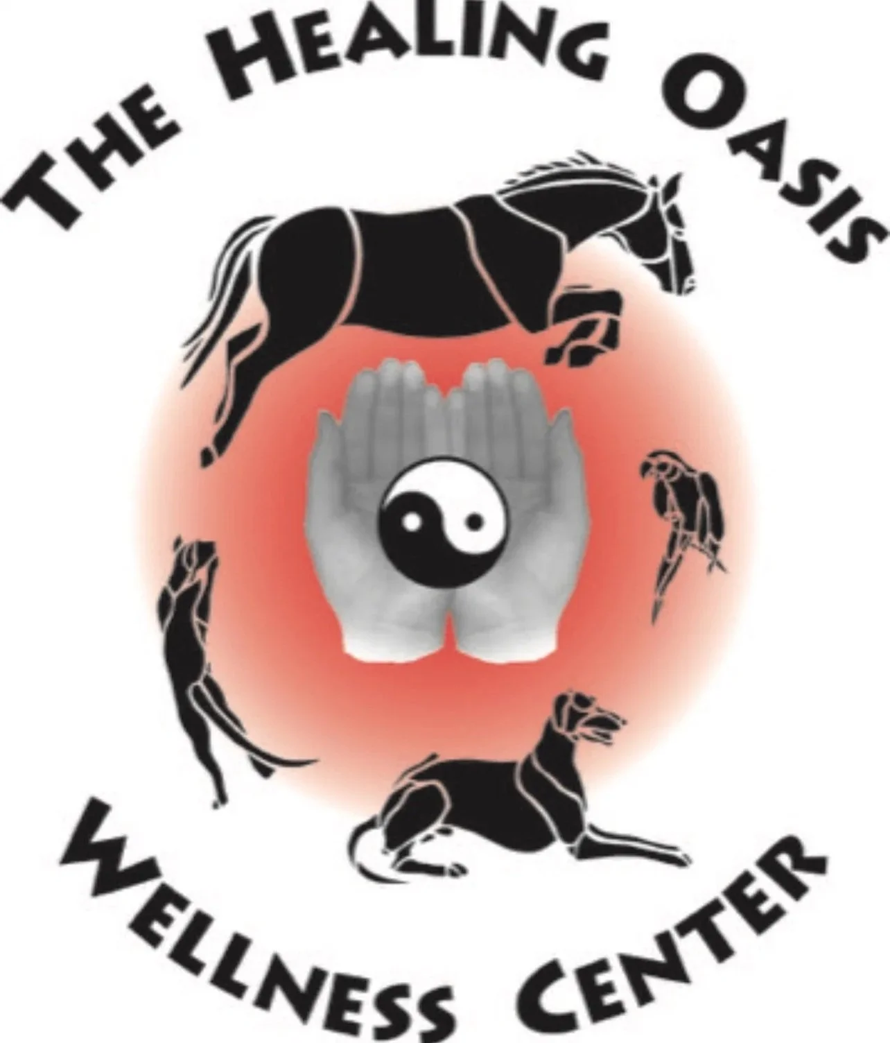 A logo with the text 'The Healing Oasis Wellness Center' and a graphic of a horse, a bird, and a dog, with a hand holding a yin-yang symbol at the center.