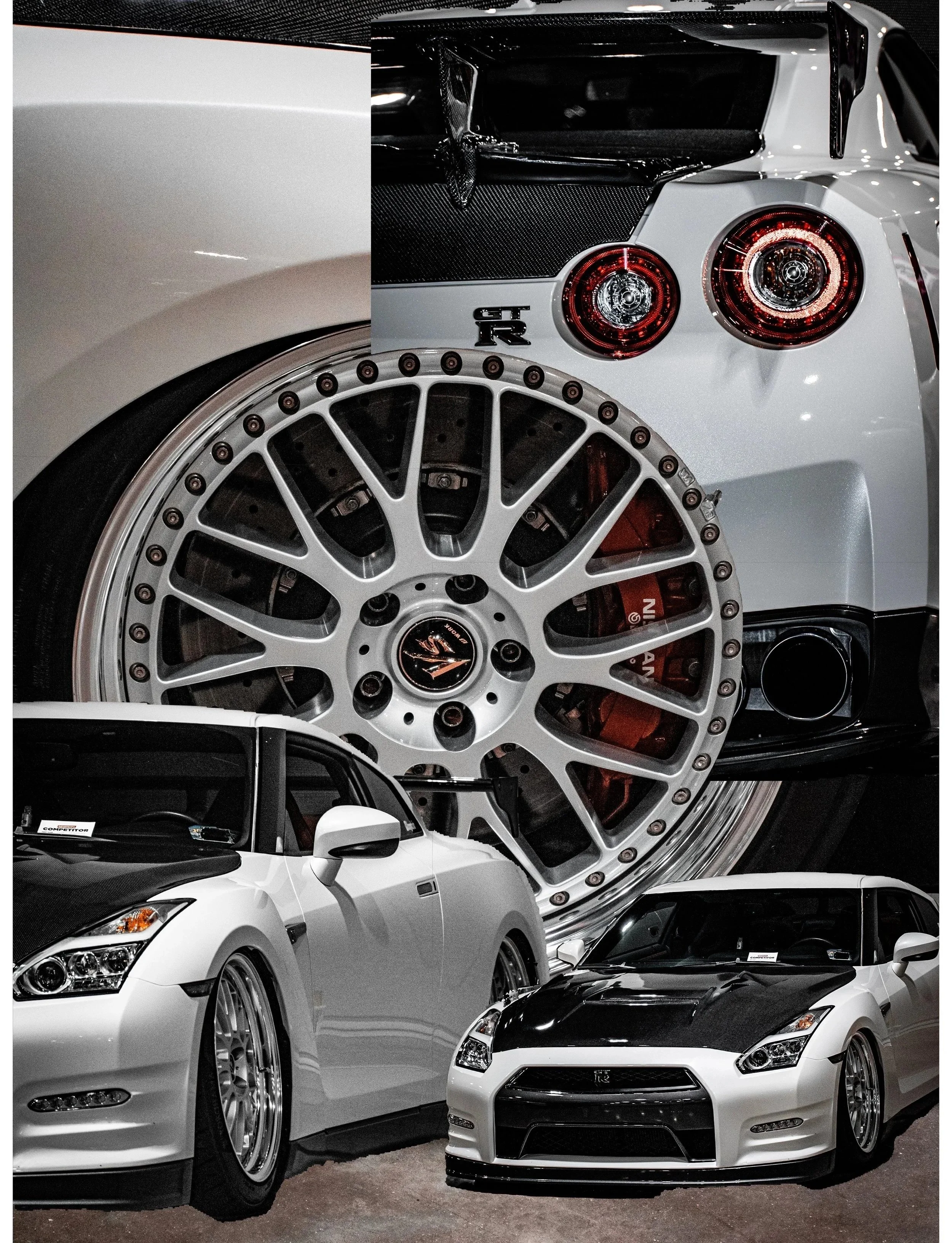 Close-up of a white Nissan GT-R with aftermarket modifications, large aftermarket wheels, and a black hood, parked next to a white convertible Nissan 370Z with custom wheels, at a car show.