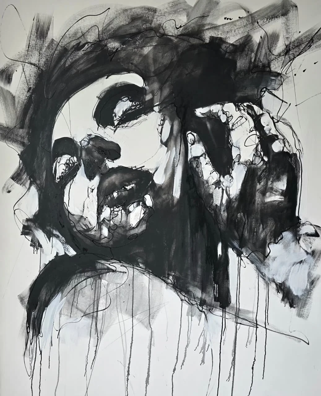 Black and white abstract portrait of a woman with open mouth and hands near her face.